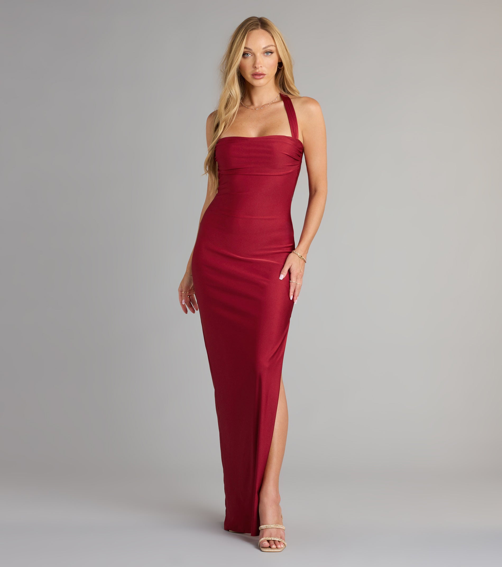 Beverly Halter Slit Long Formal Dress - BURGUNDY