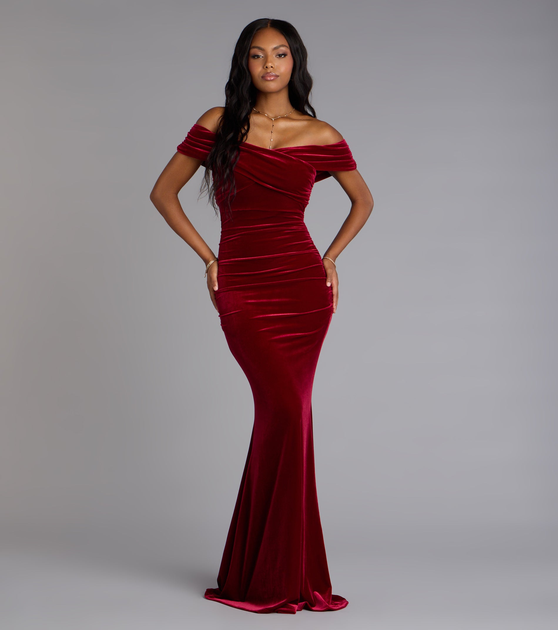 Gemma Velvet Off-The-Shoulder Mermaid Dress - WINE