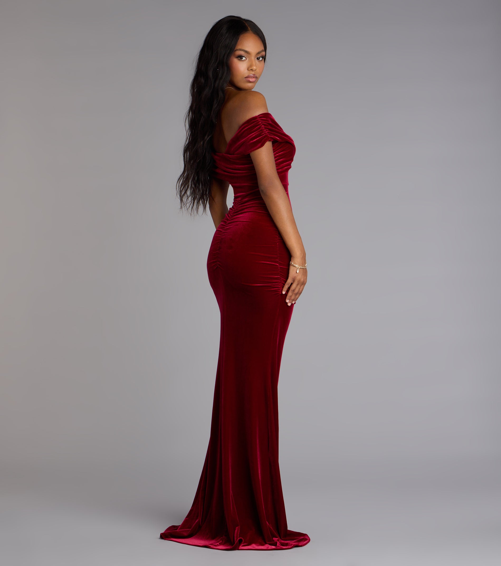 Gemma Velvet Off-The-Shoulder Mermaid Dress - WINE