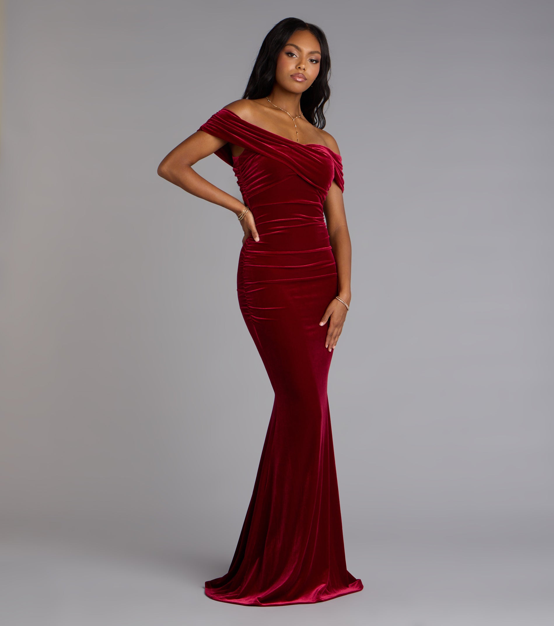 Gemma Velvet Off-The-Shoulder Mermaid Dress - WINE