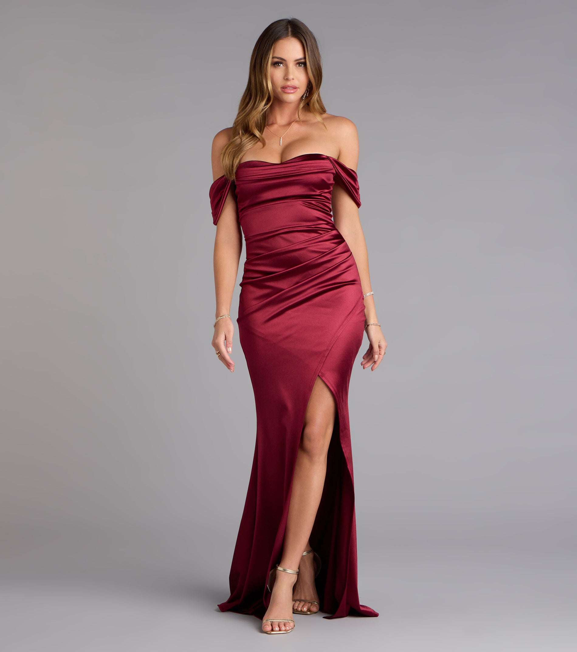 Belinda Off-The-Shoulder Slit Satin Formal Dress - BURGUNDY
