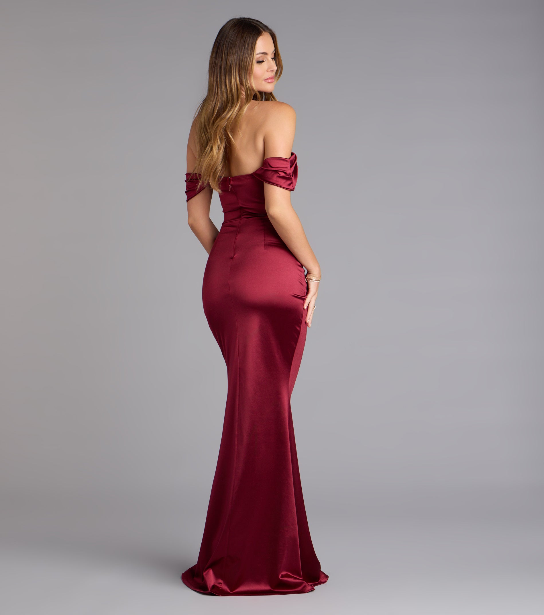Belinda Off-The-Shoulder Slit Satin Formal Dress - BURGUNDY