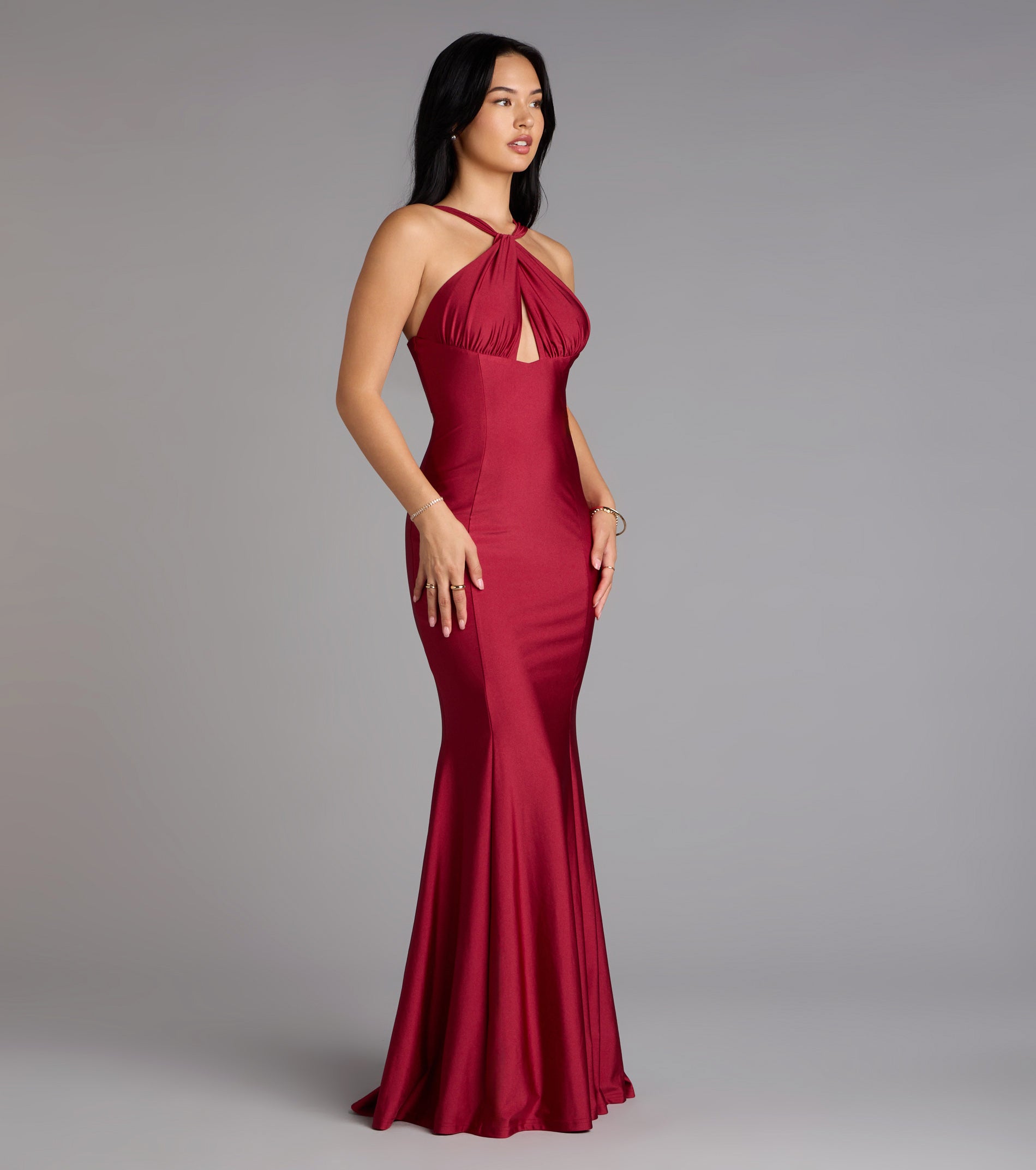 Anne Halter Cutout Mermaid Formal Dress - WINE