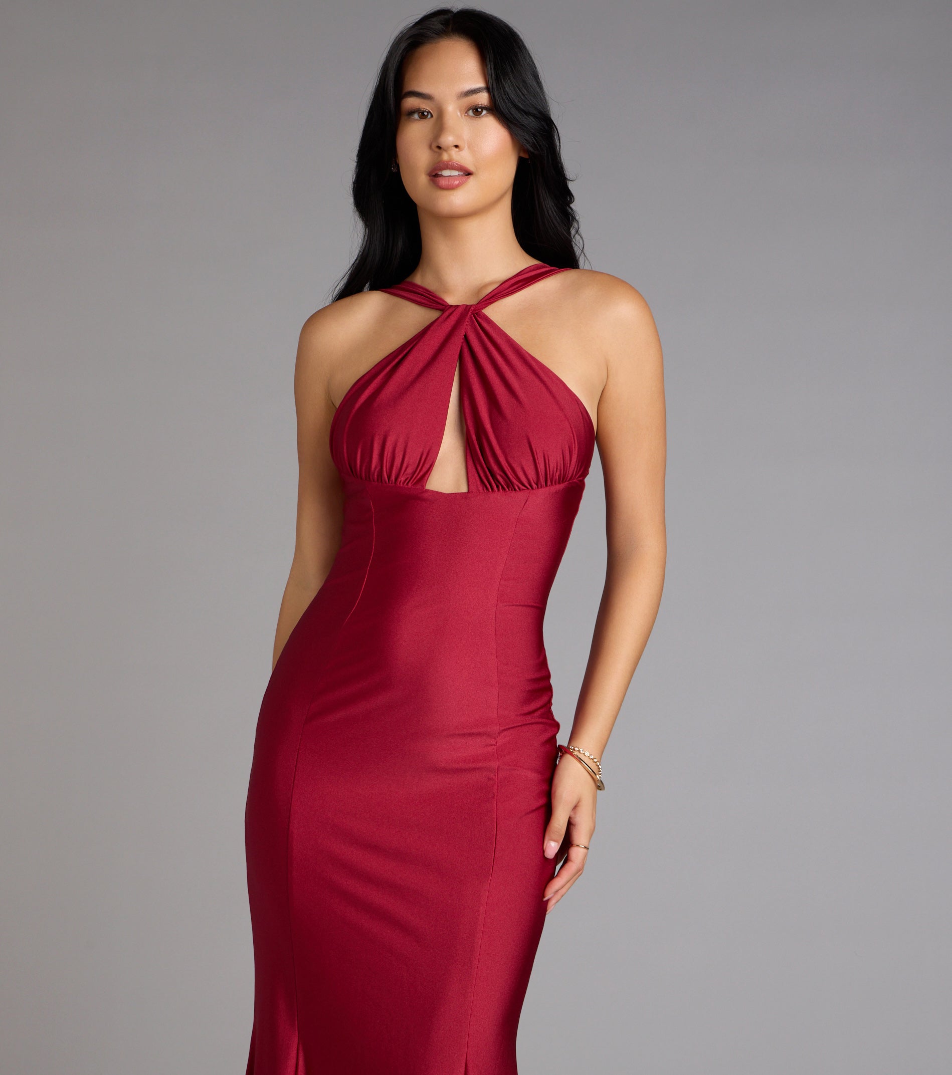 Anne Halter Cutout Mermaid Formal Dress - WINE
