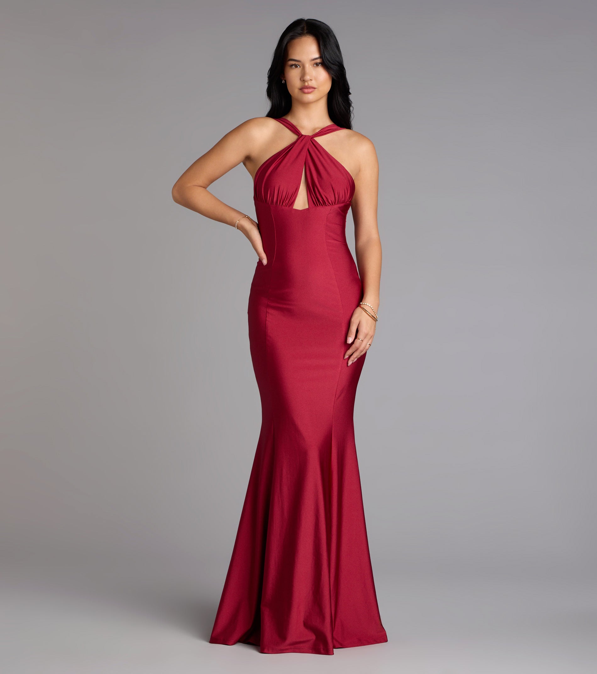 Anne Halter Cutout Mermaid Formal Dress - WINE