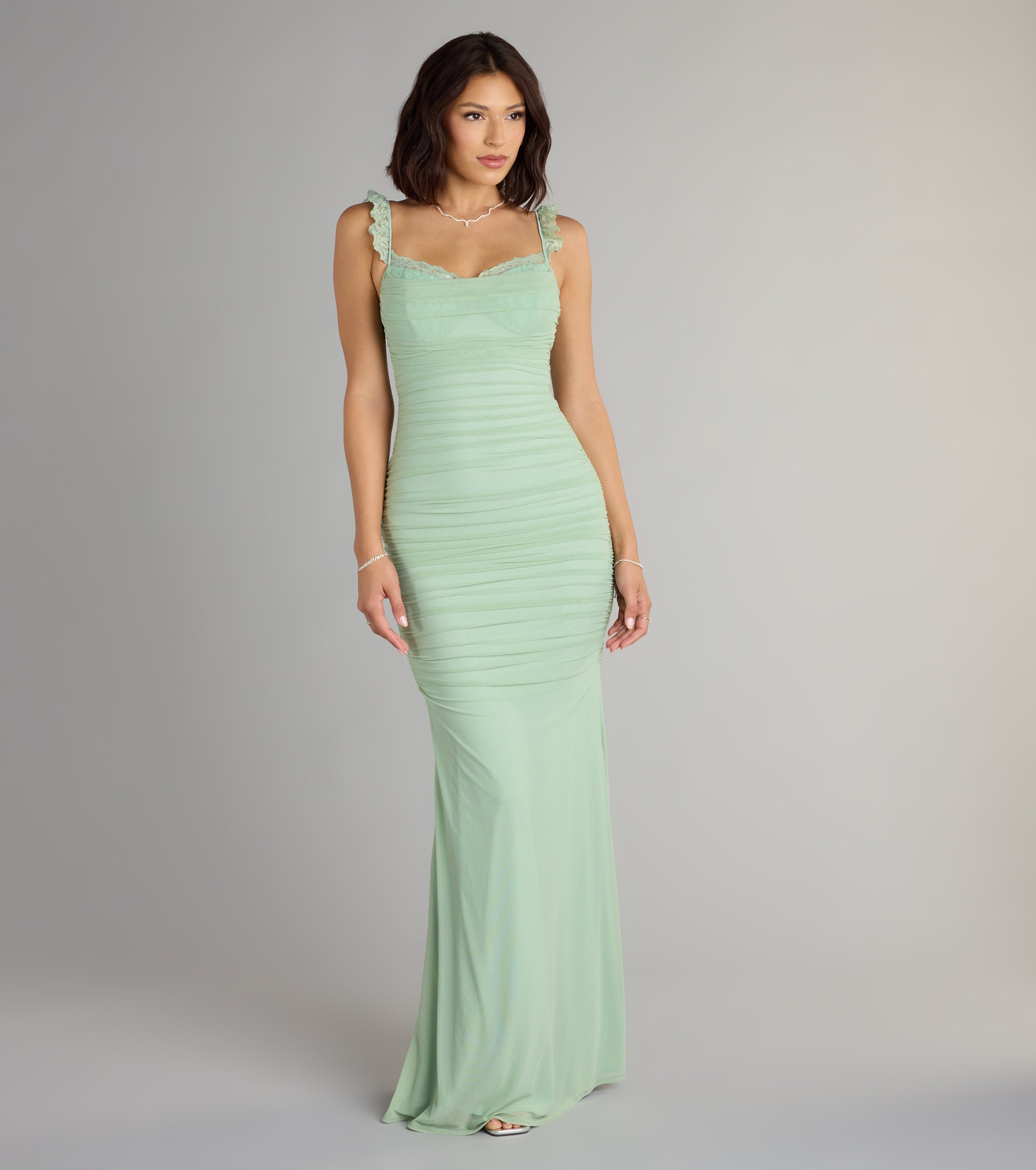 Morgana Lace-Up Ruched Mermaid Dress - SAGE
