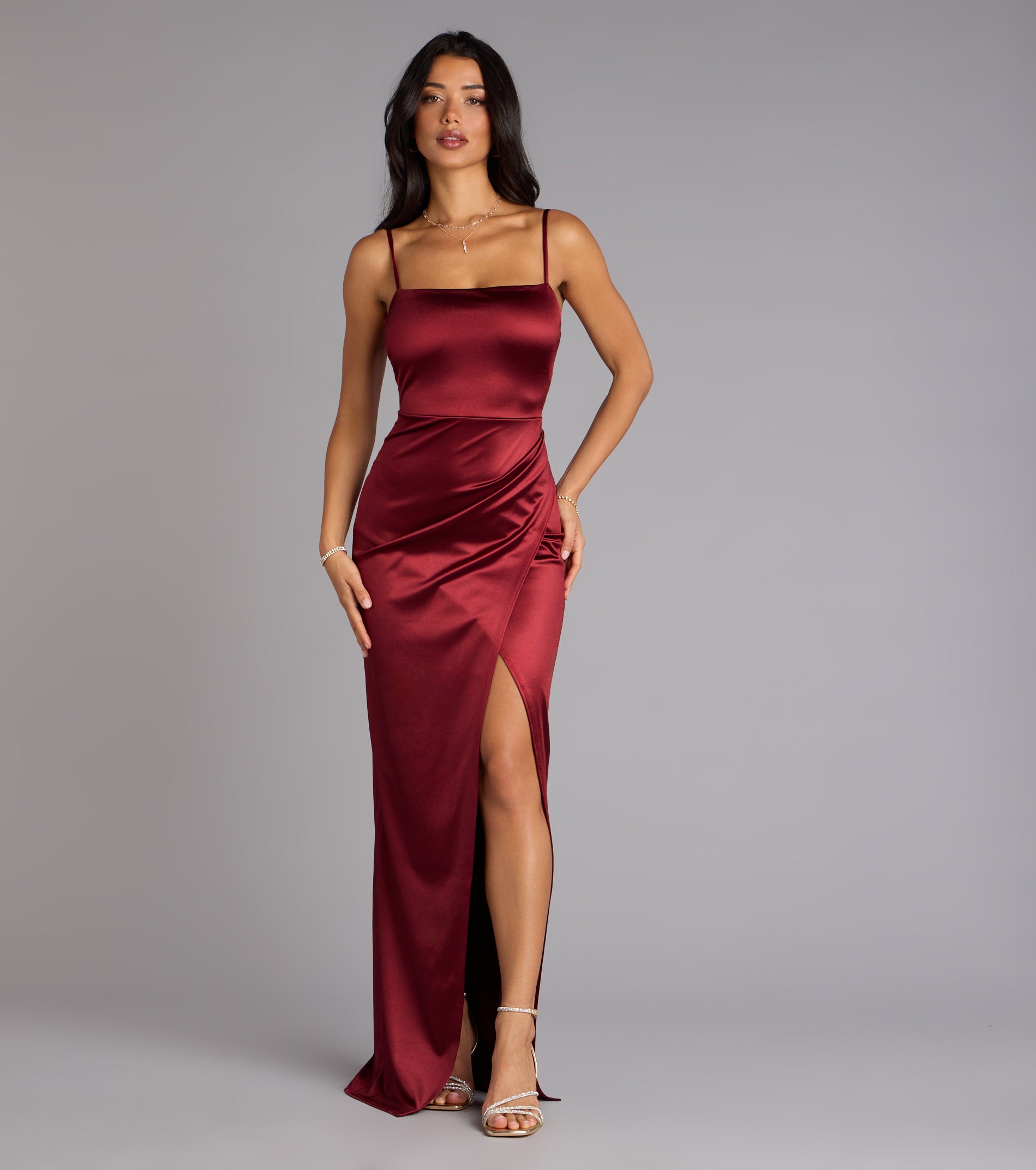 Mayra Formal Satin Slit Long Dress - WINE