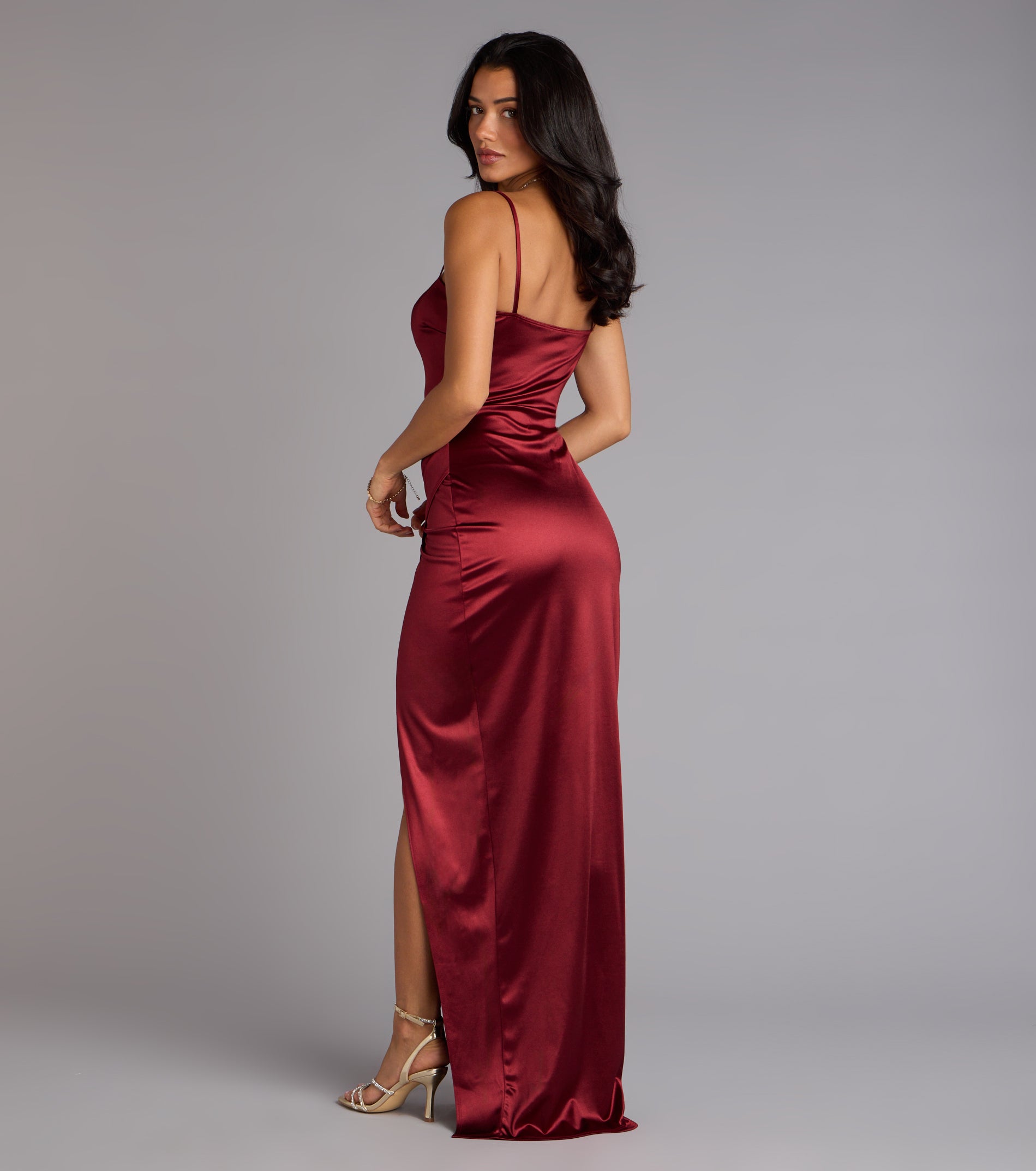 Mayra Formal Satin Slit Long Dress - WINE
