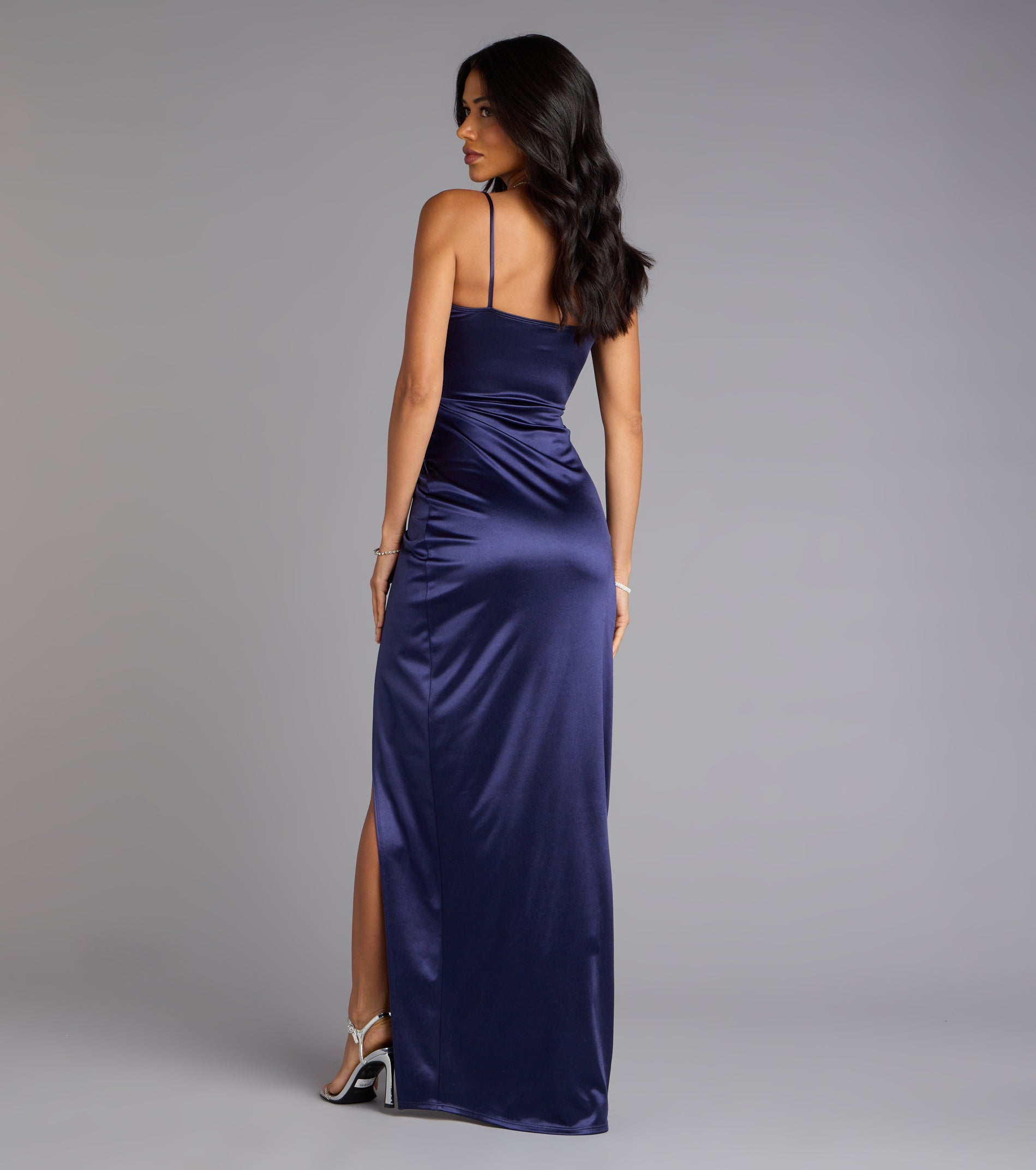Mayra Formal Satin Slit Long Dress - NAVY-2
