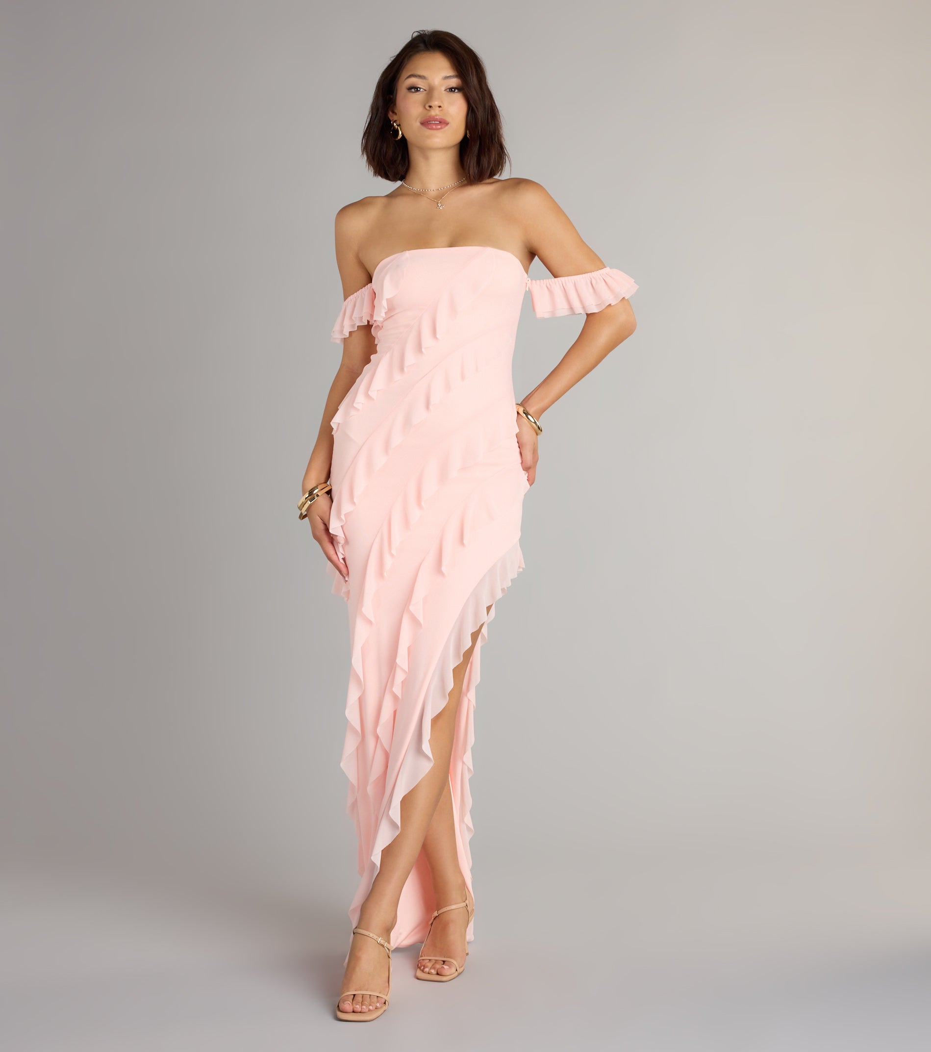 Cecilia Off-The-Shoulder Ruffle Formal Dress - PINK