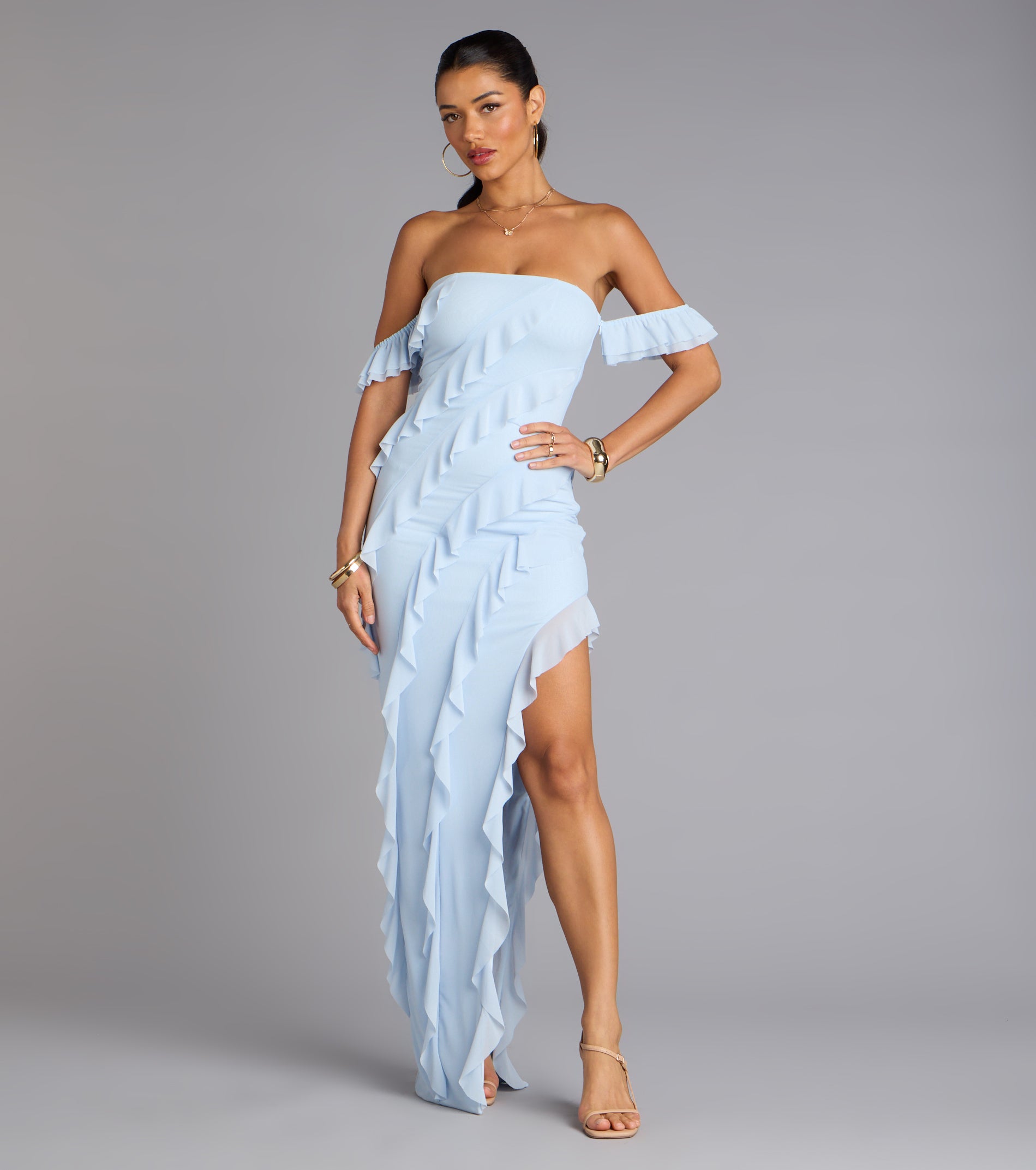 Cecilia Off-The-Shoulder Ruffle Formal Dress - LIGHT BLUE