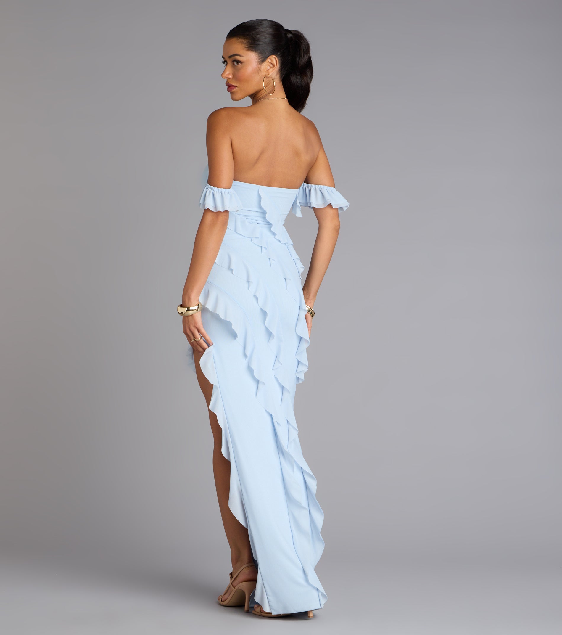Cecilia Off-The-Shoulder Ruffle Formal Dress - LIGHT BLUE