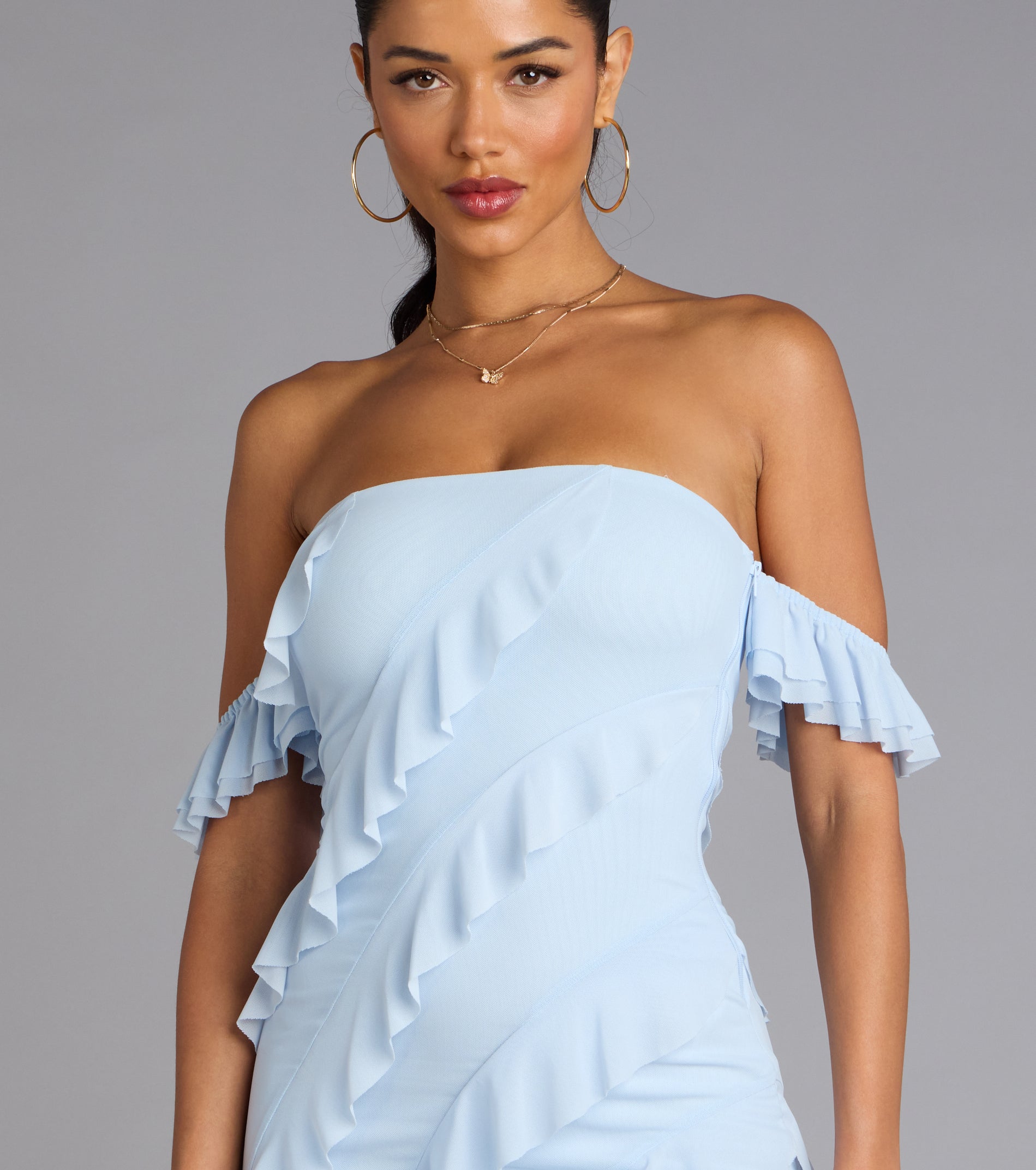 Cecilia Off-The-Shoulder Ruffle Formal Dress - LIGHT BLUE