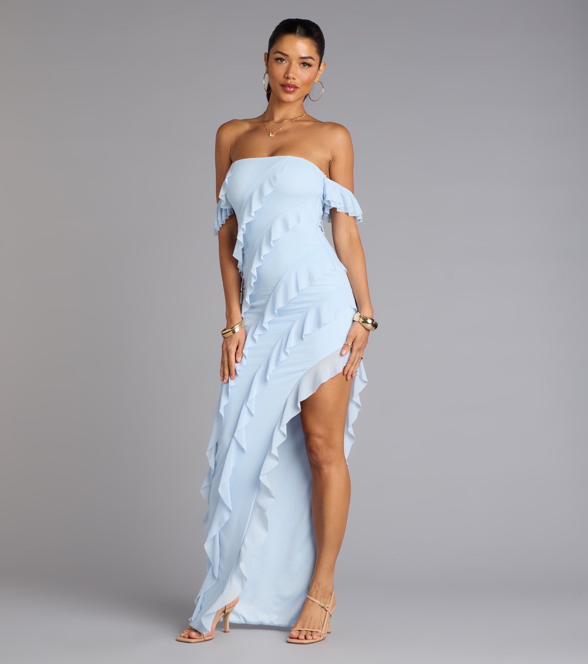 Cecilia Off-The-Shoulder Ruffle Formal Dress - LIGHT BLUE