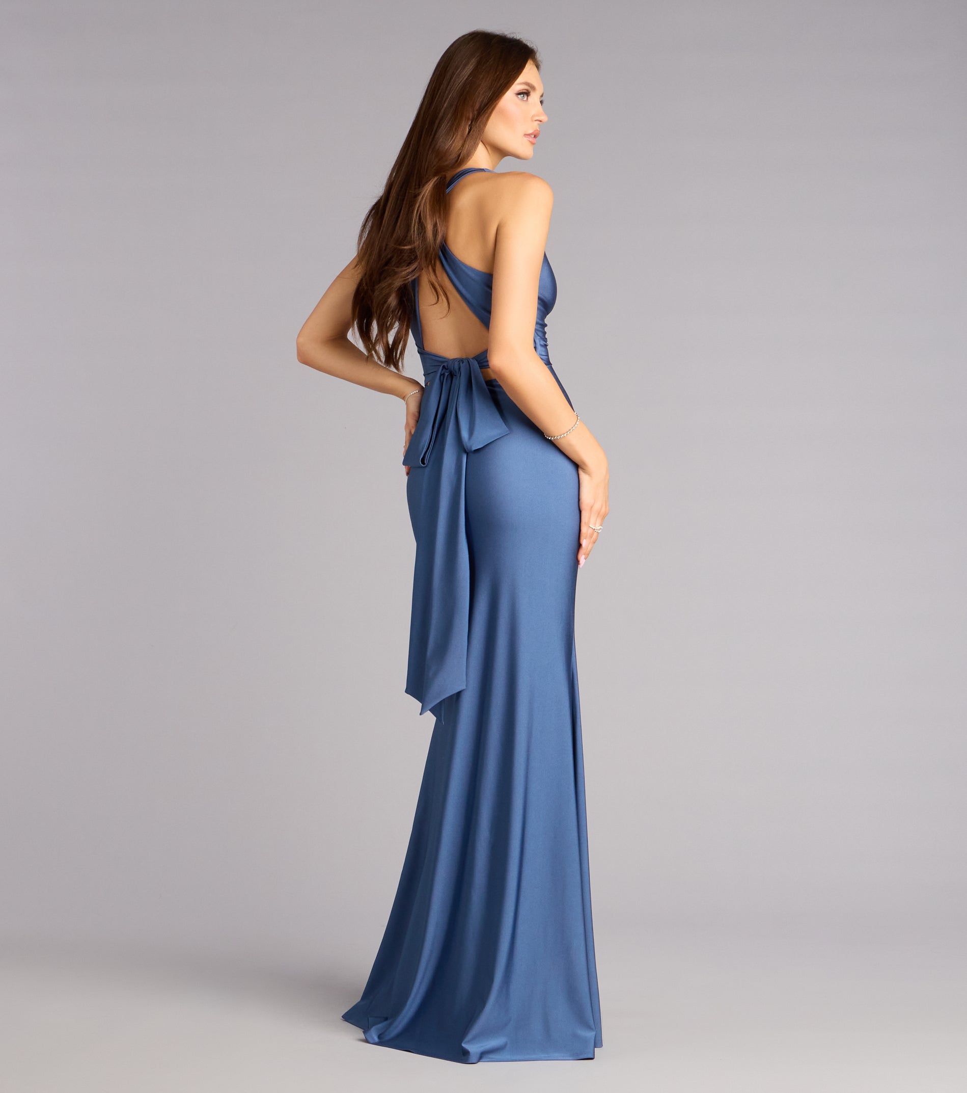 Adrianne Plunge Bow Mermaid Formal Dress - DENIM