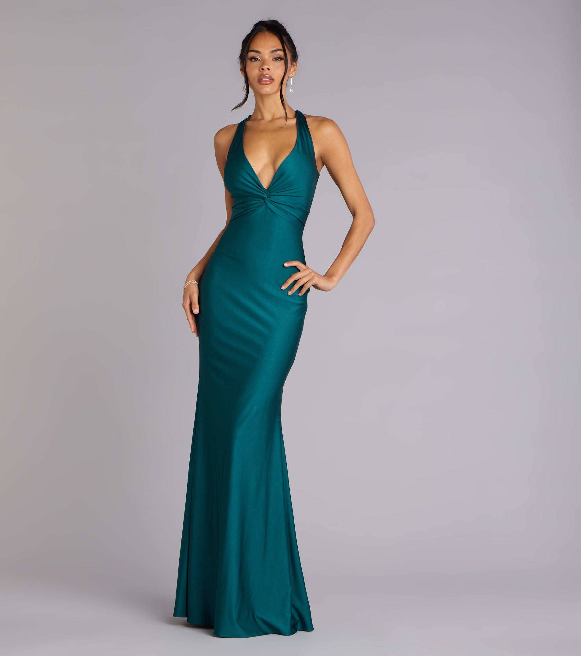 Adrianne Plunge Bow Mermaid Formal Dress - HUNTER