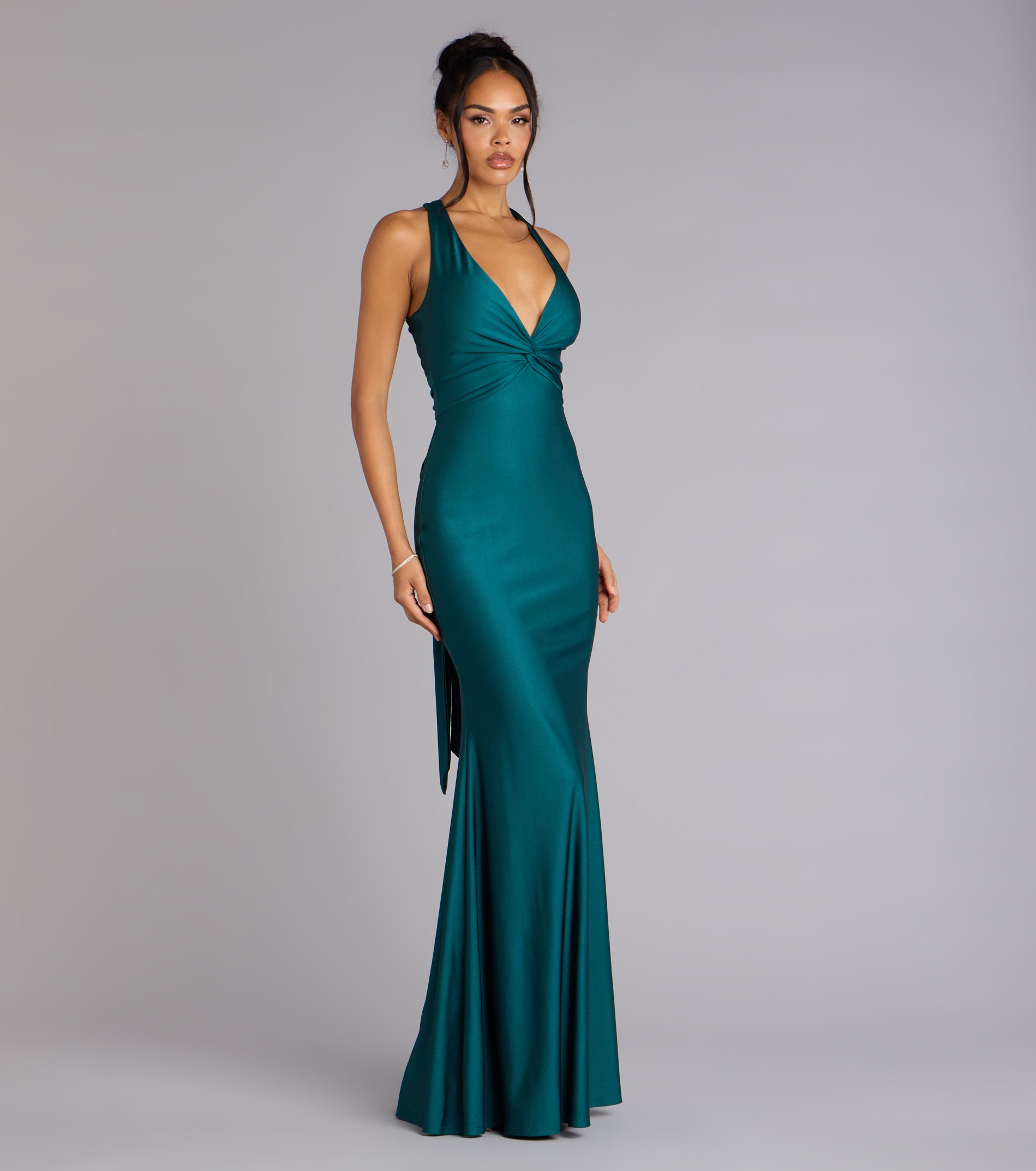 Adrianne Plunge Bow Mermaid Formal Dress - HUNTER