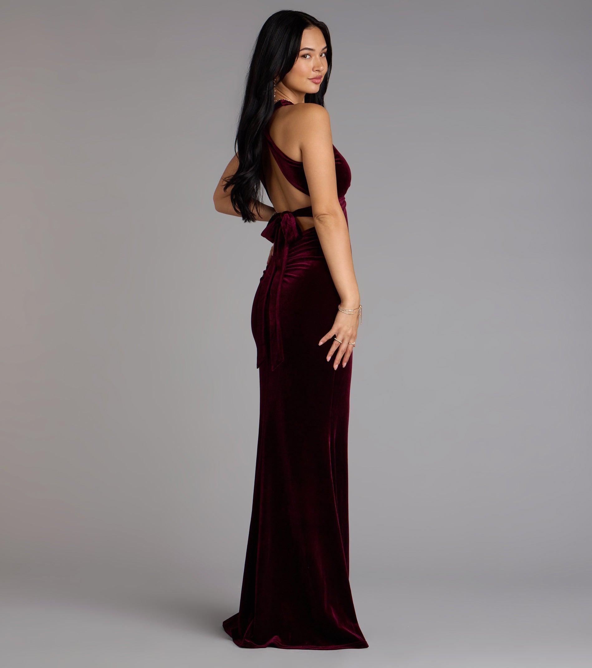 Vivienne Velvet Tie-Back Formal Dress - WINE