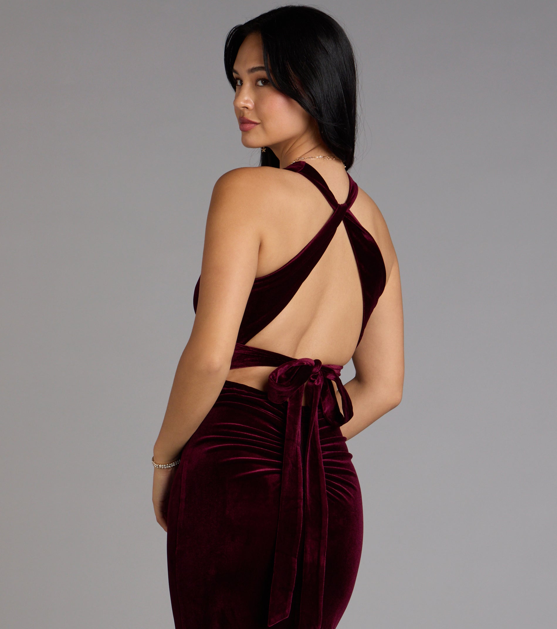 Vivienne Velvet Tie-Back Formal Dress - WINE