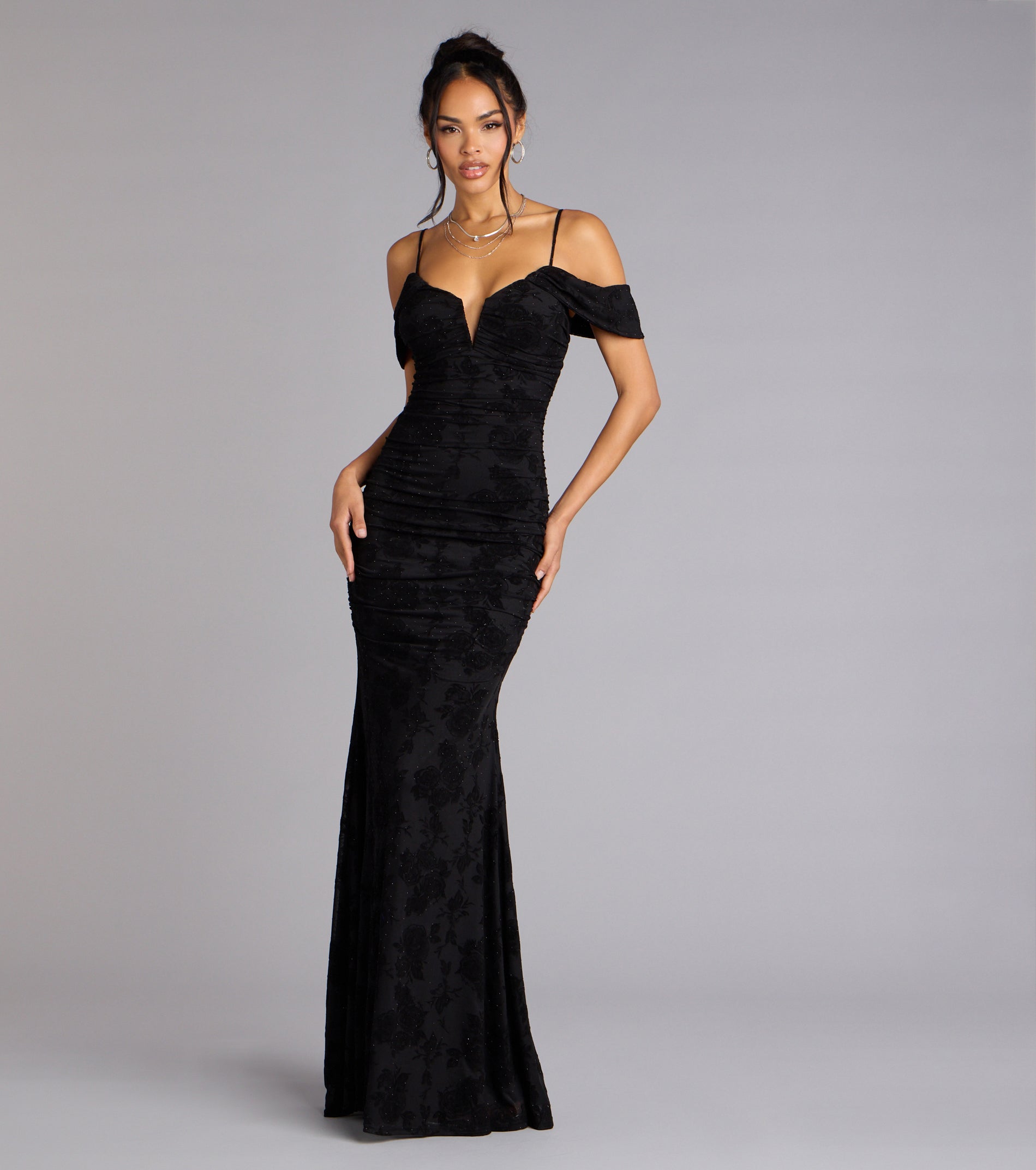 Evelina Mesh Velvet Mermaid Formal Dress - BLACK