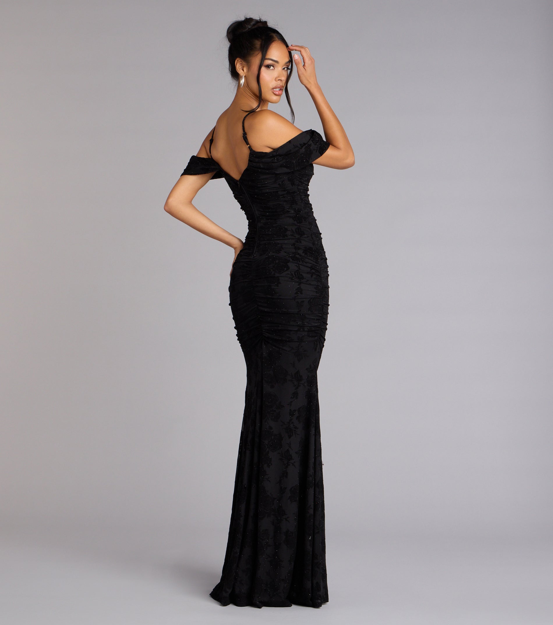 Evelina Mesh Velvet Mermaid Formal Dress - BLACK