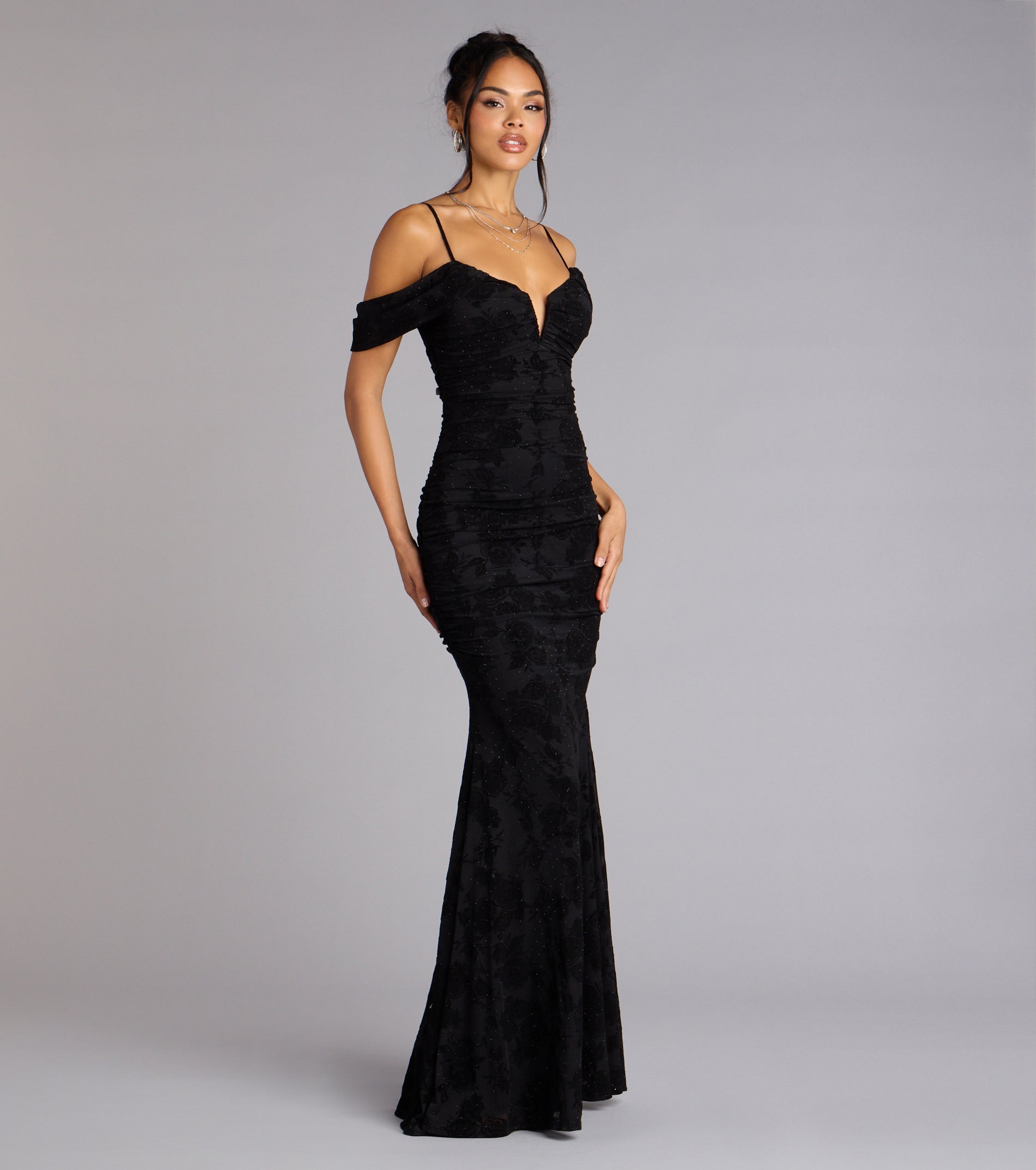 Evelina Mesh Velvet Mermaid Formal Dress - BLACK