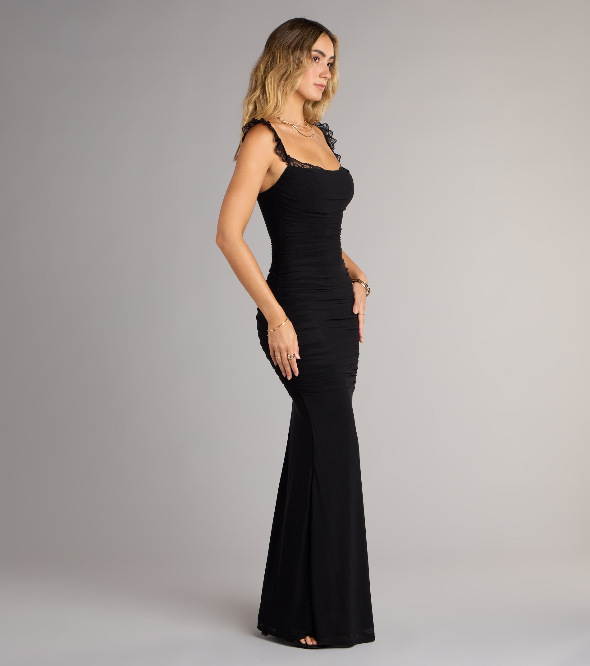 Morgana Lace-Up Ruched Mermaid Dress - BLACK