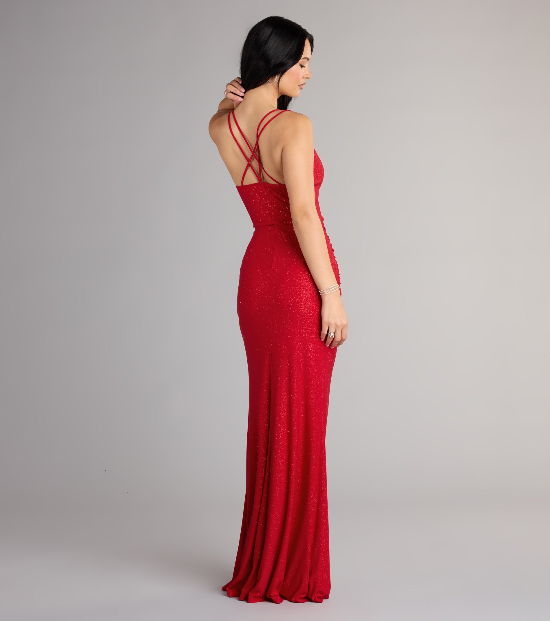 Riley Glitter Ruffle Slit Mermaid Formal Dress - RED
