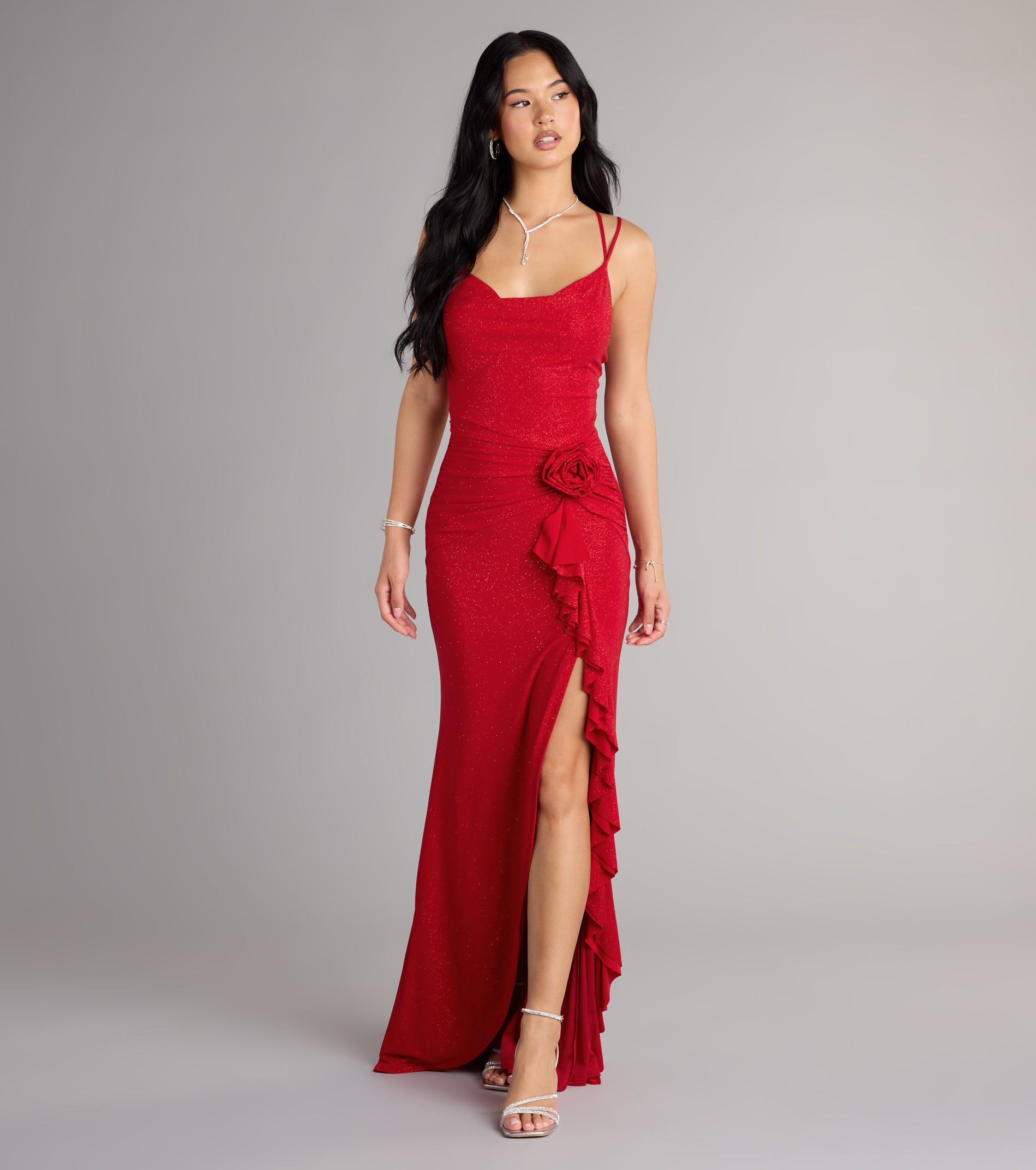 Riley Glitter Ruffle Slit Mermaid Formal Dress - RED