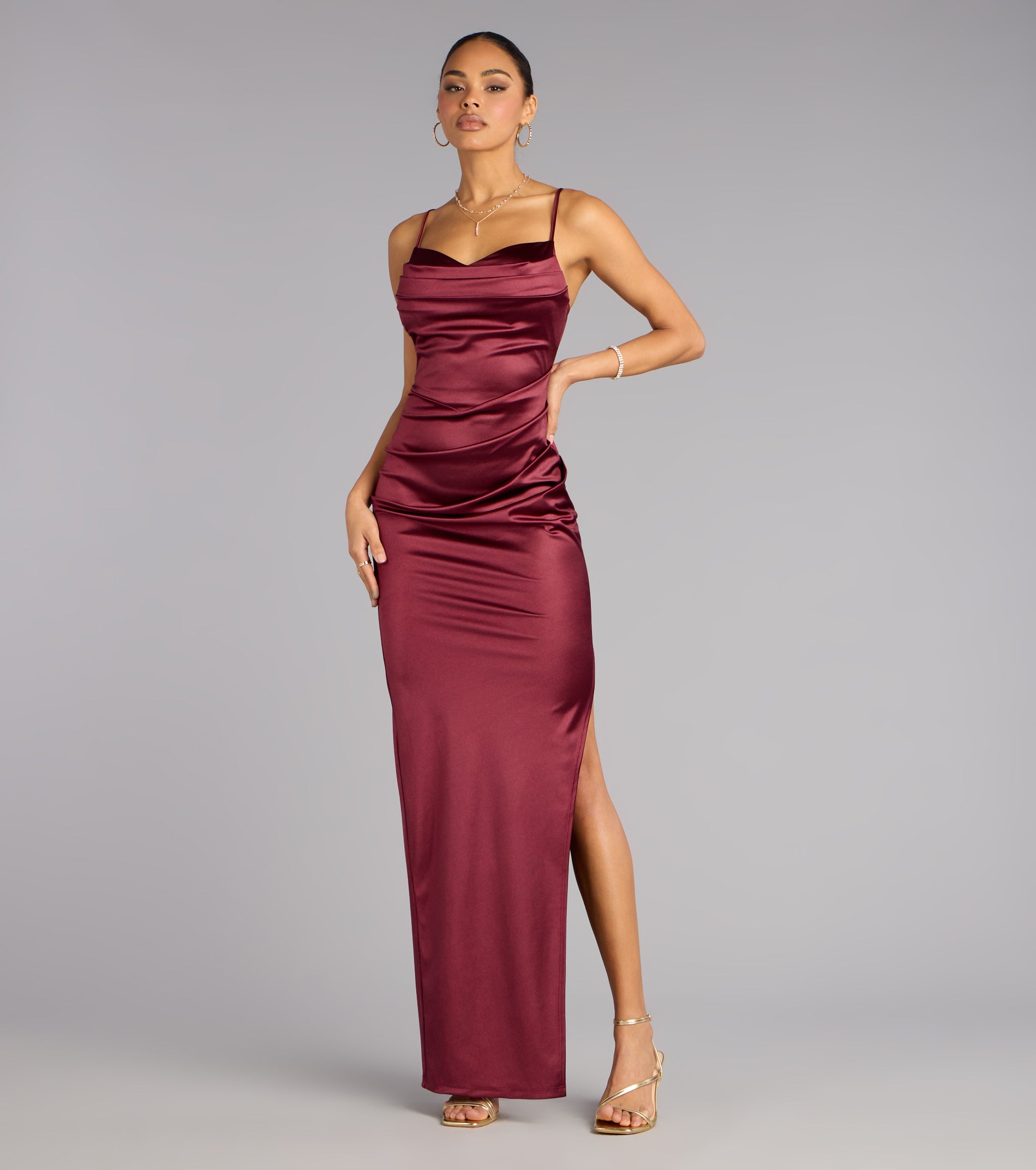 Jane Cowl Neck Slit Satin Formal Column Dress - WINE