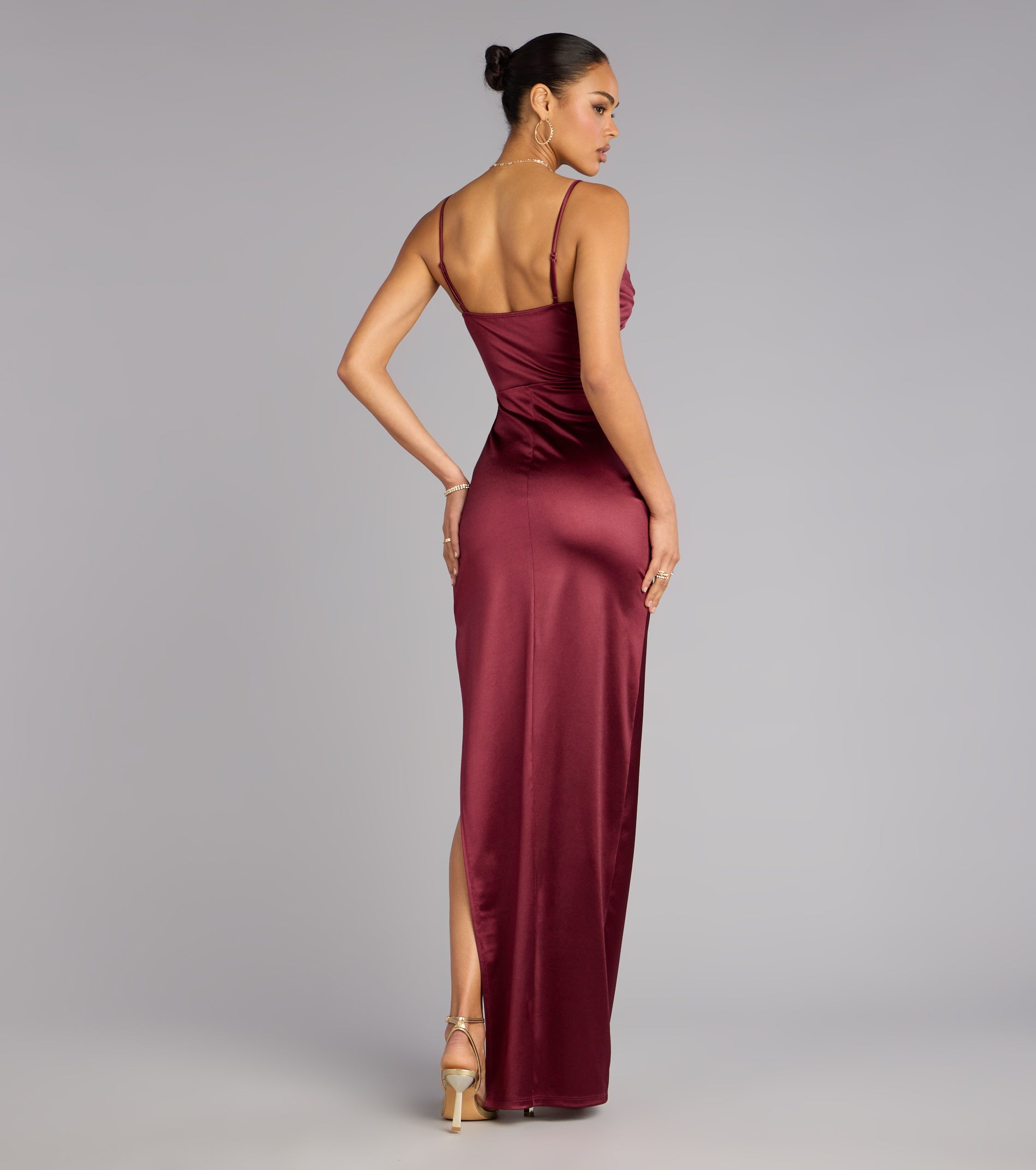 Jane Cowl Neck Slit Satin Formal Column Dress - WINE