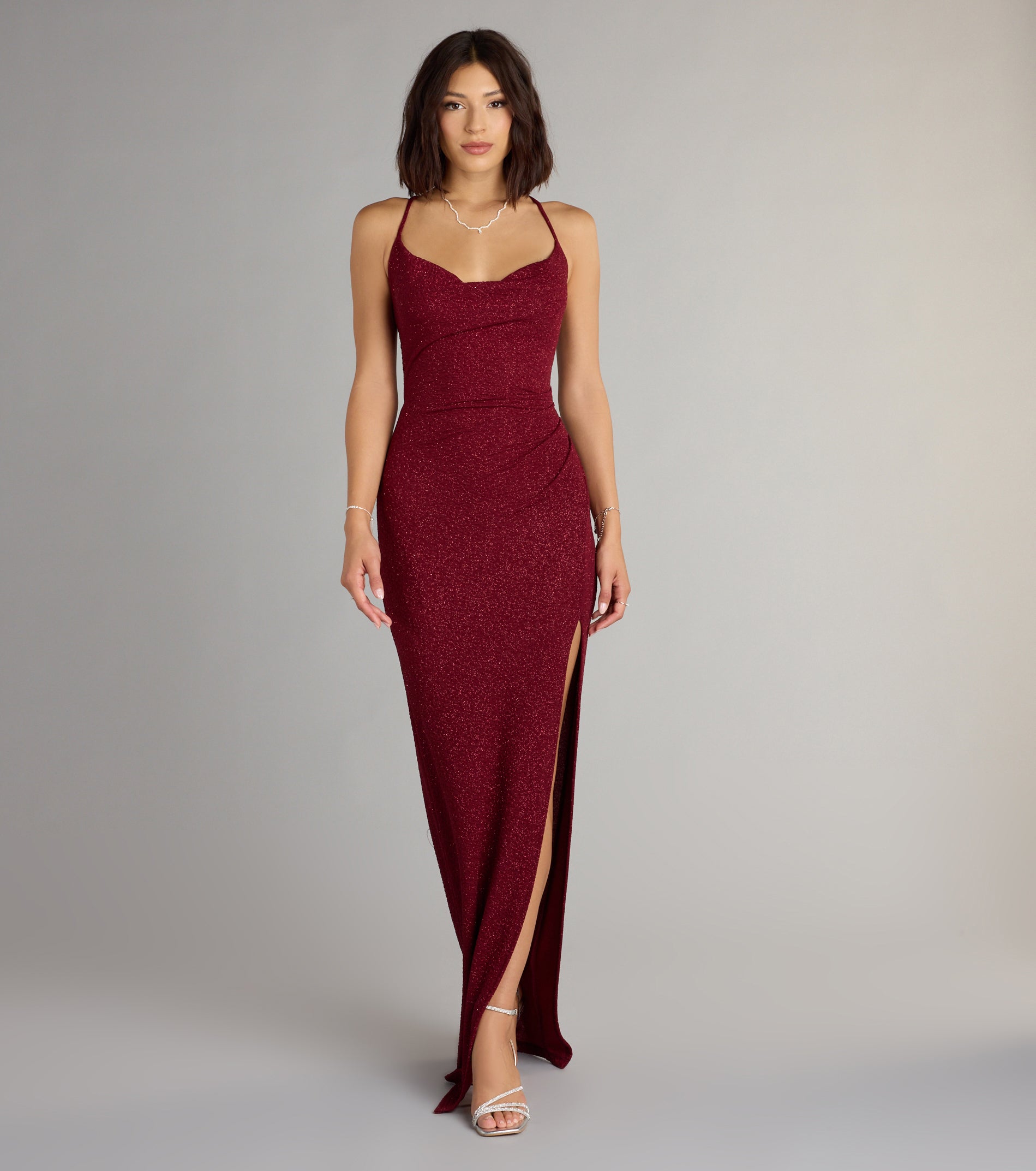 Amirah Formal Glitter Cowl Neck Column Dress - BURGUNDY