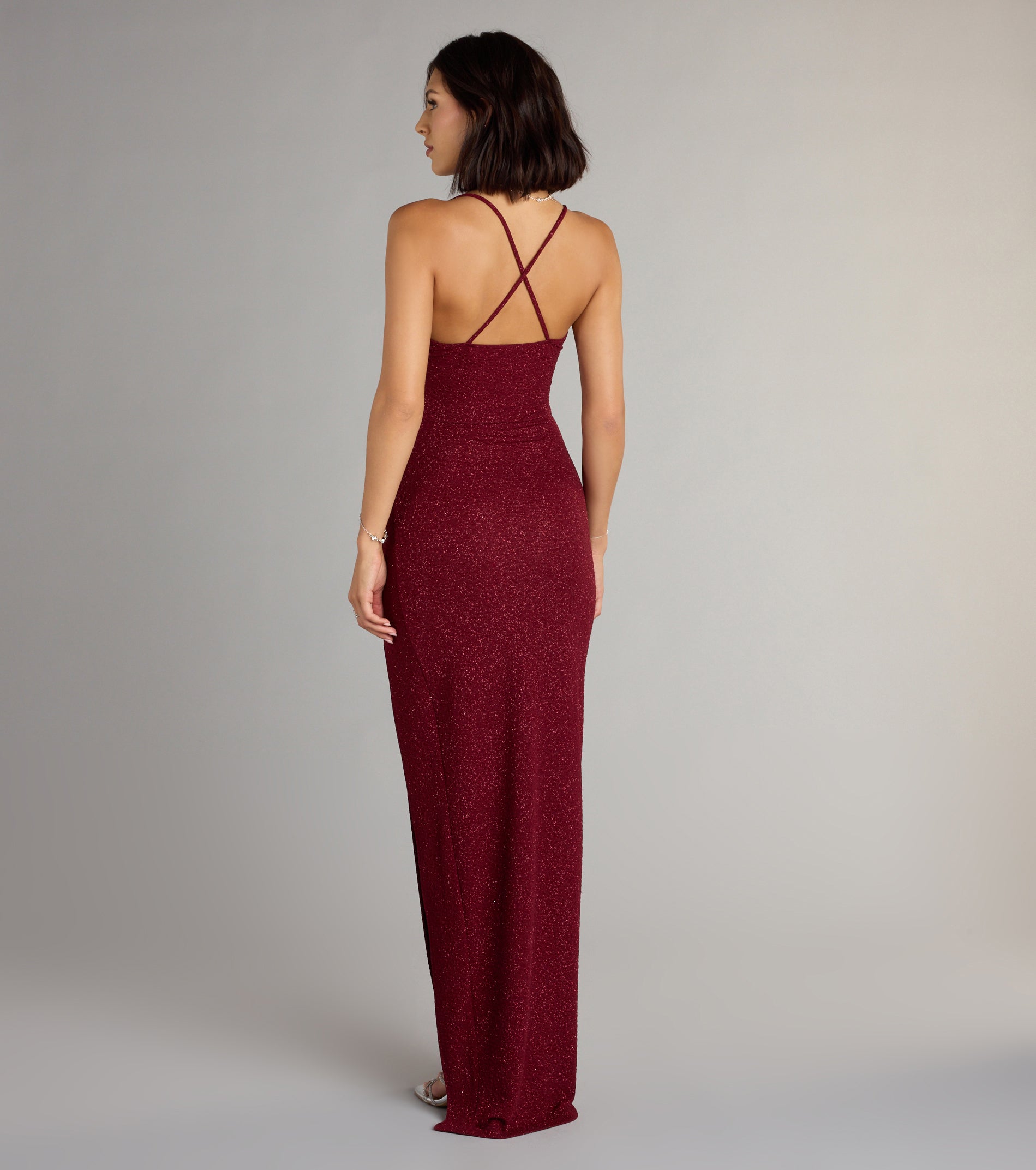 Amirah Formal Glitter Cowl Neck Column Dress - BURGUNDY