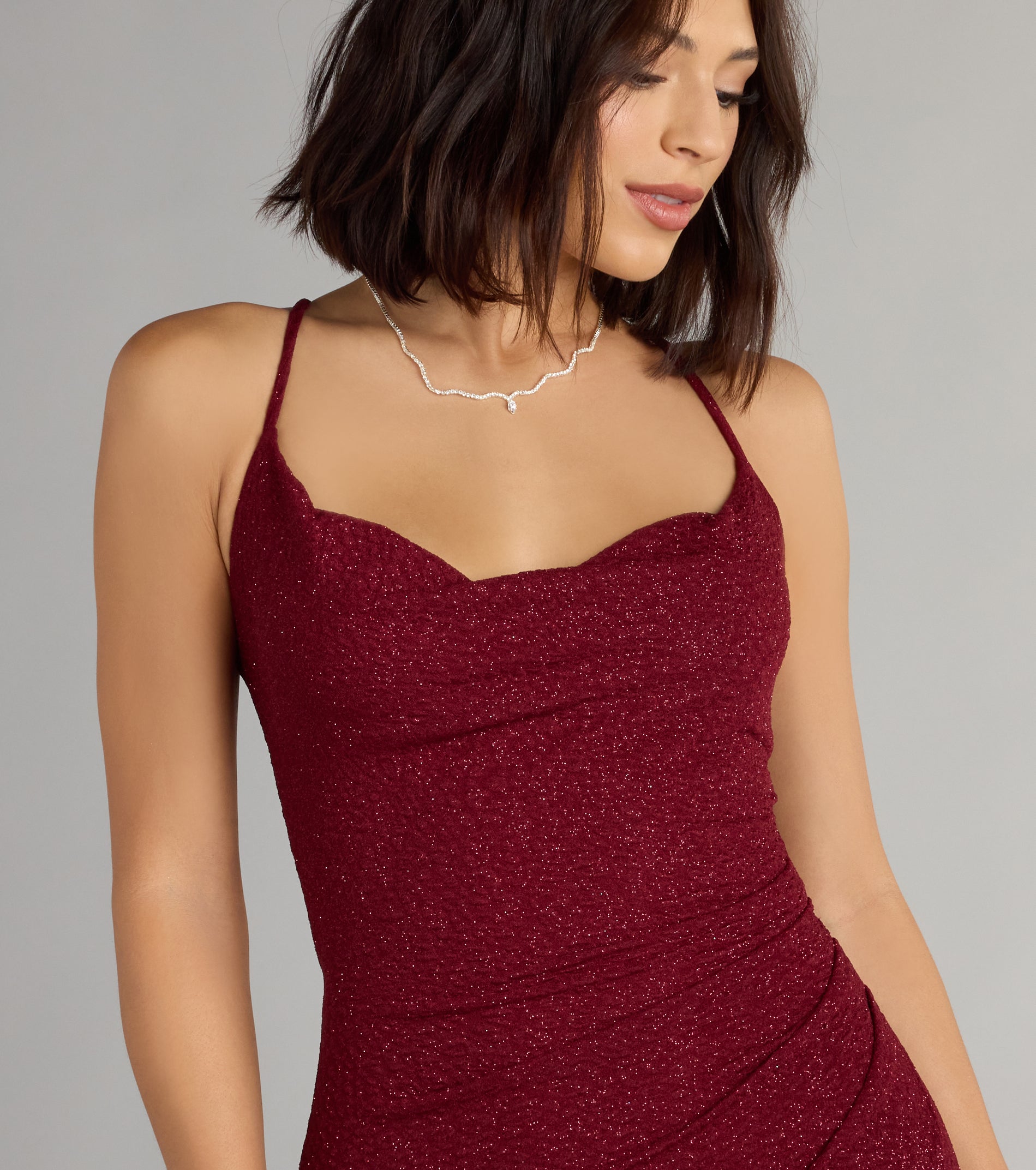 Amirah Formal Glitter Cowl Neck Column Dress - BURGUNDY
