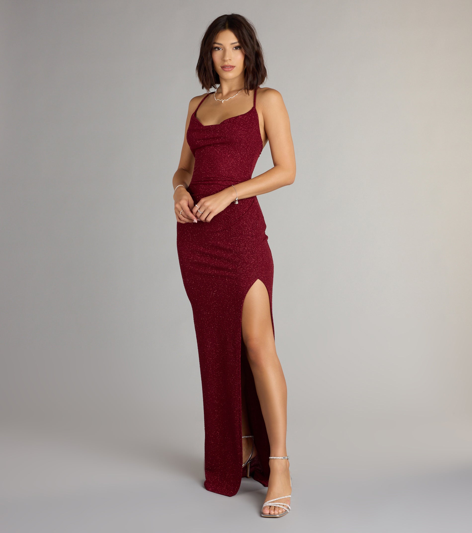 Amirah Formal Glitter Cowl Neck Column Dress - BURGUNDY