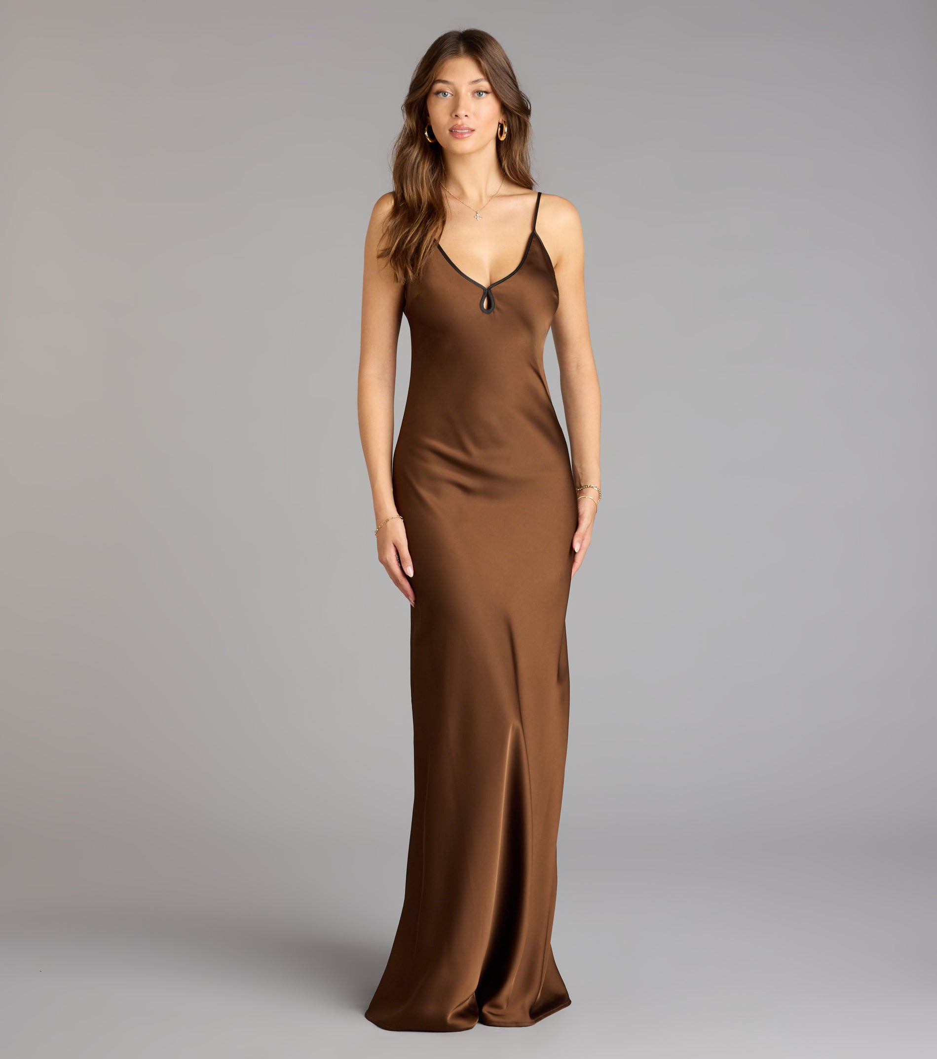 Blaire Satin Keyhole Slip Formal Dress - BROWN