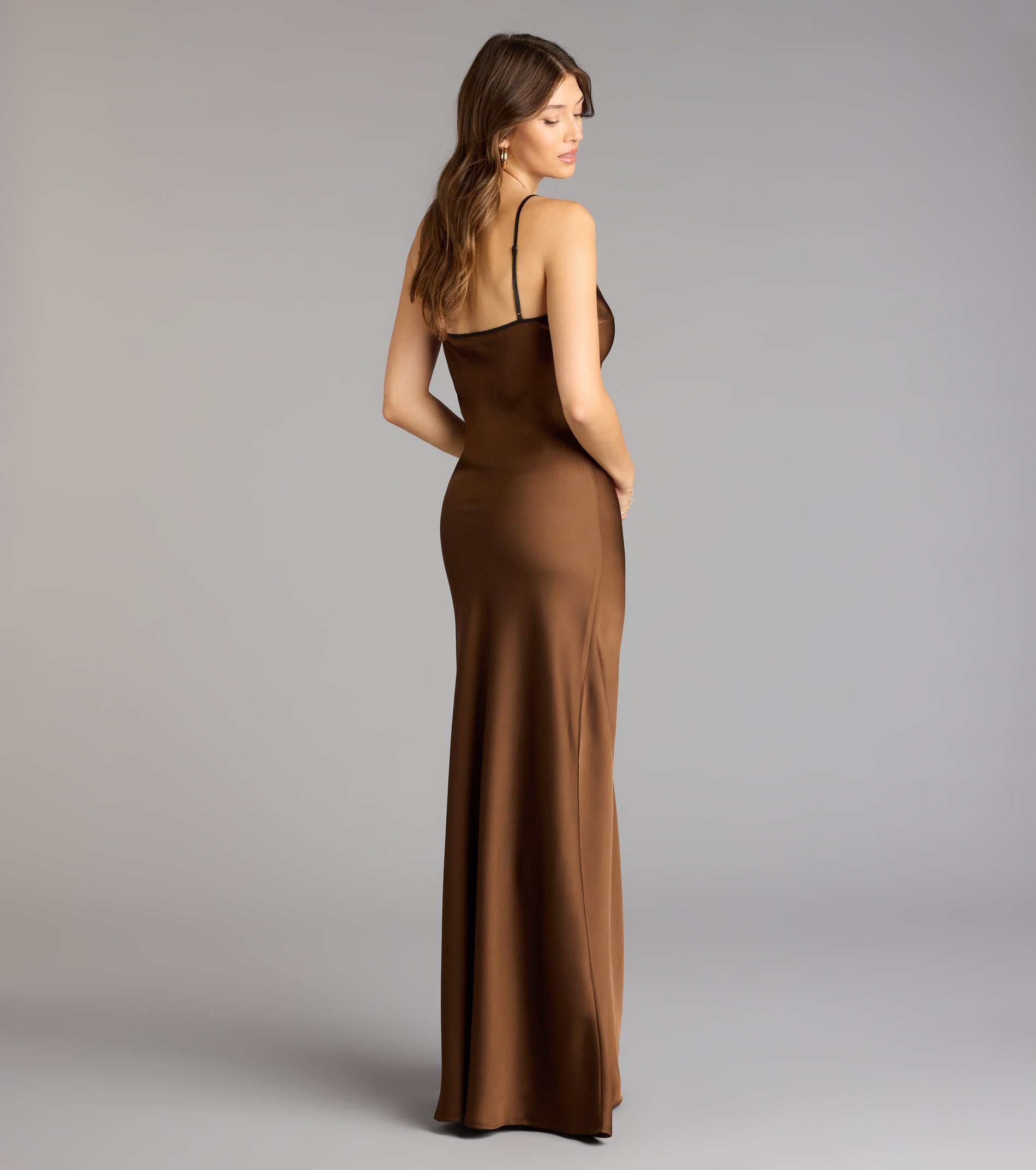 Blaire Satin Keyhole Slip Formal Dress - BROWN