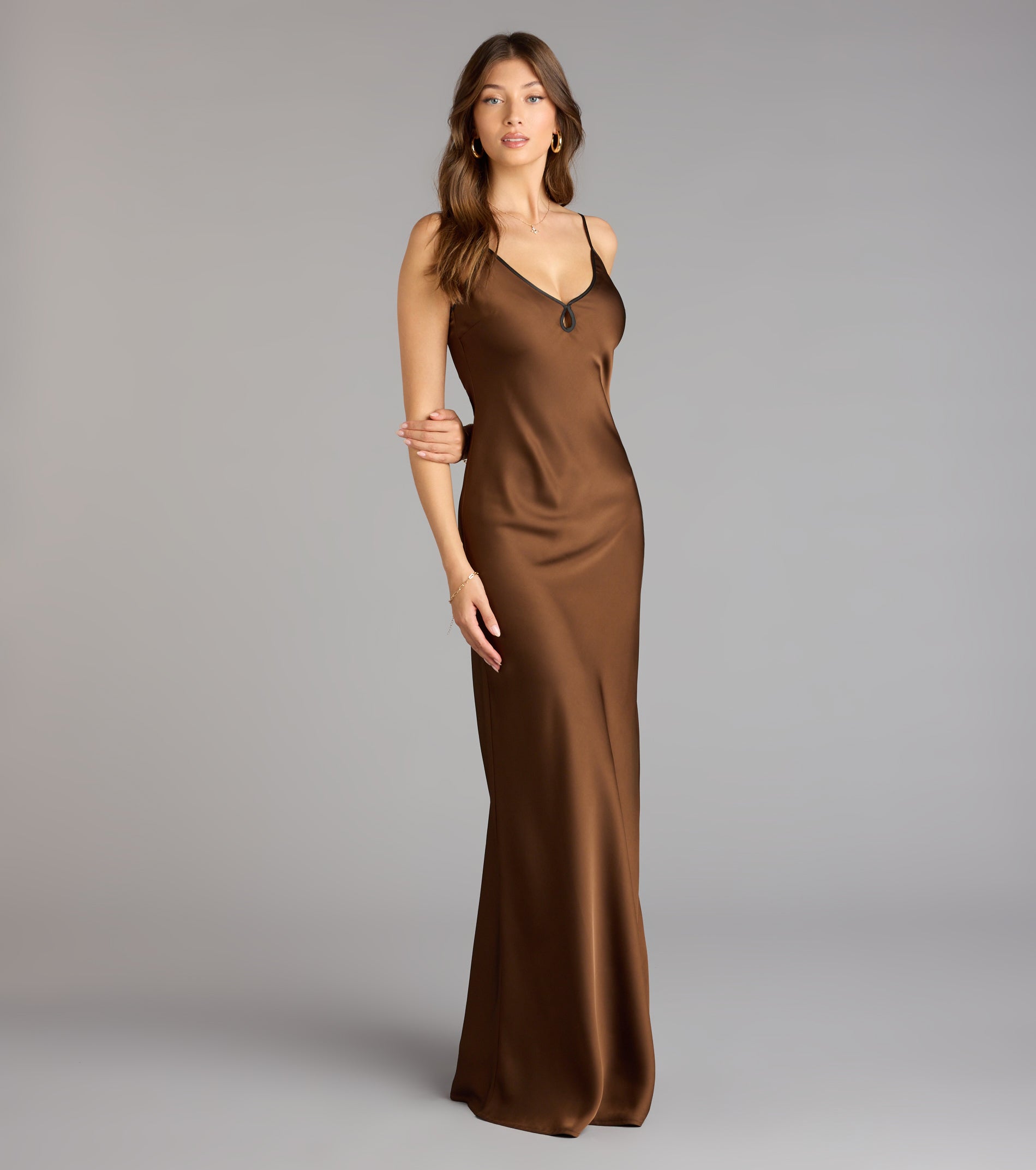 Blaire Satin Keyhole Slip Formal Dress - BROWN
