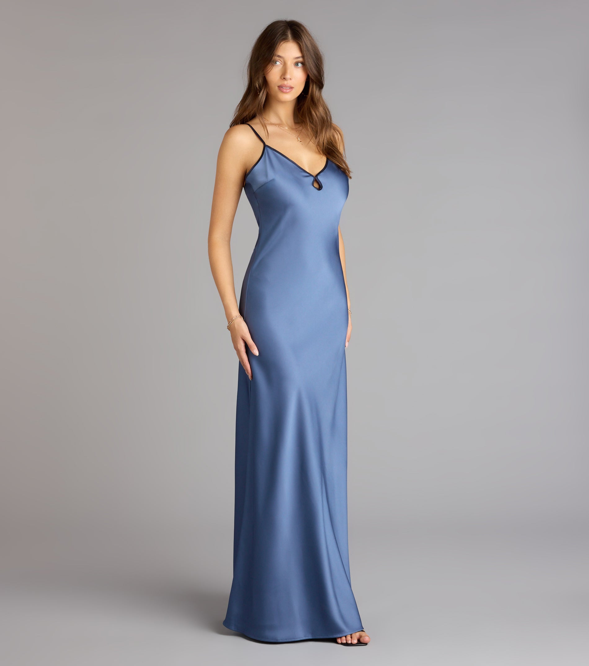 Blaire Satin Keyhole Slip Formal Dress - DENIM