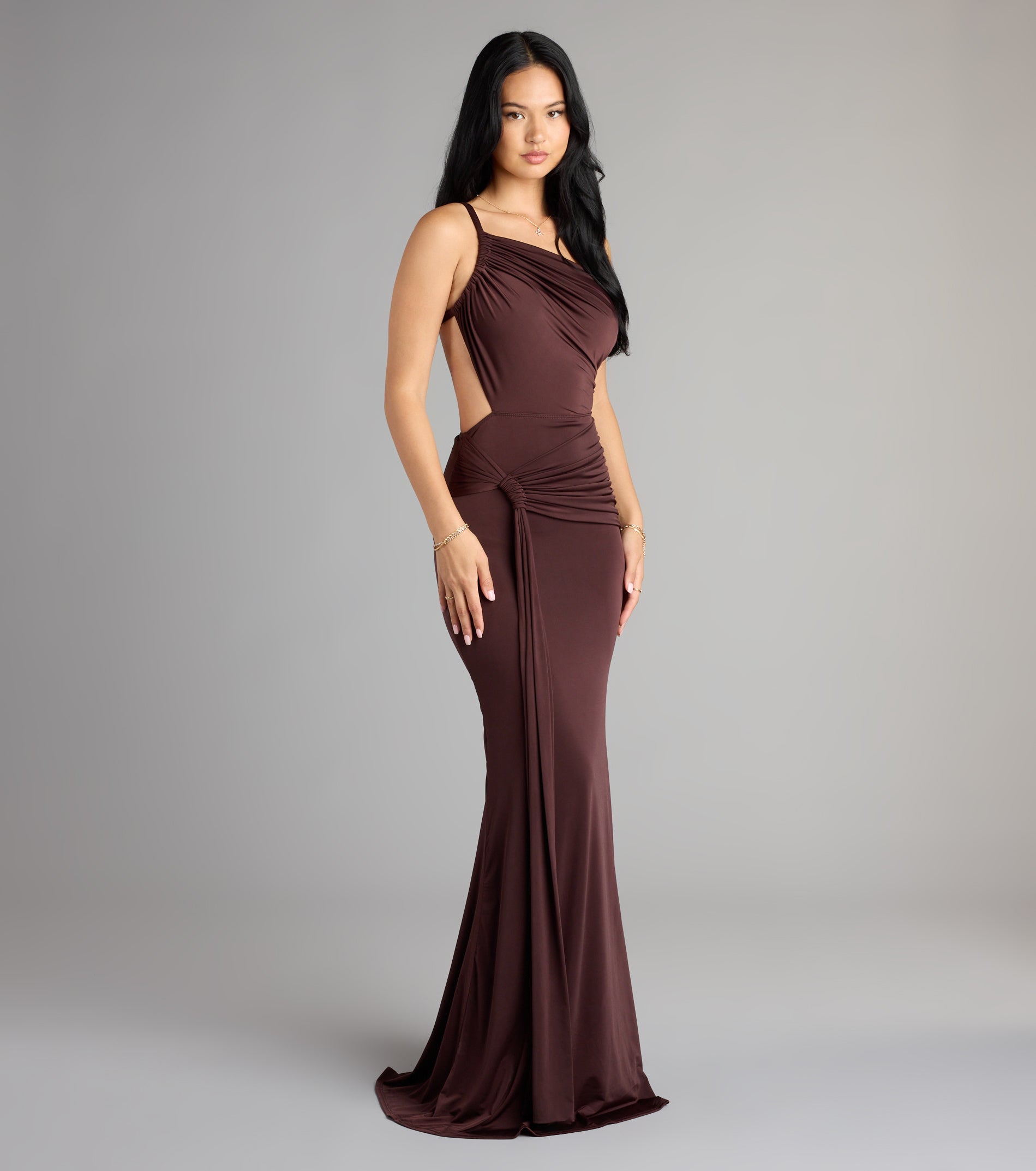 Julietta One Shoulder Mermaid Formal Dress - BROWN