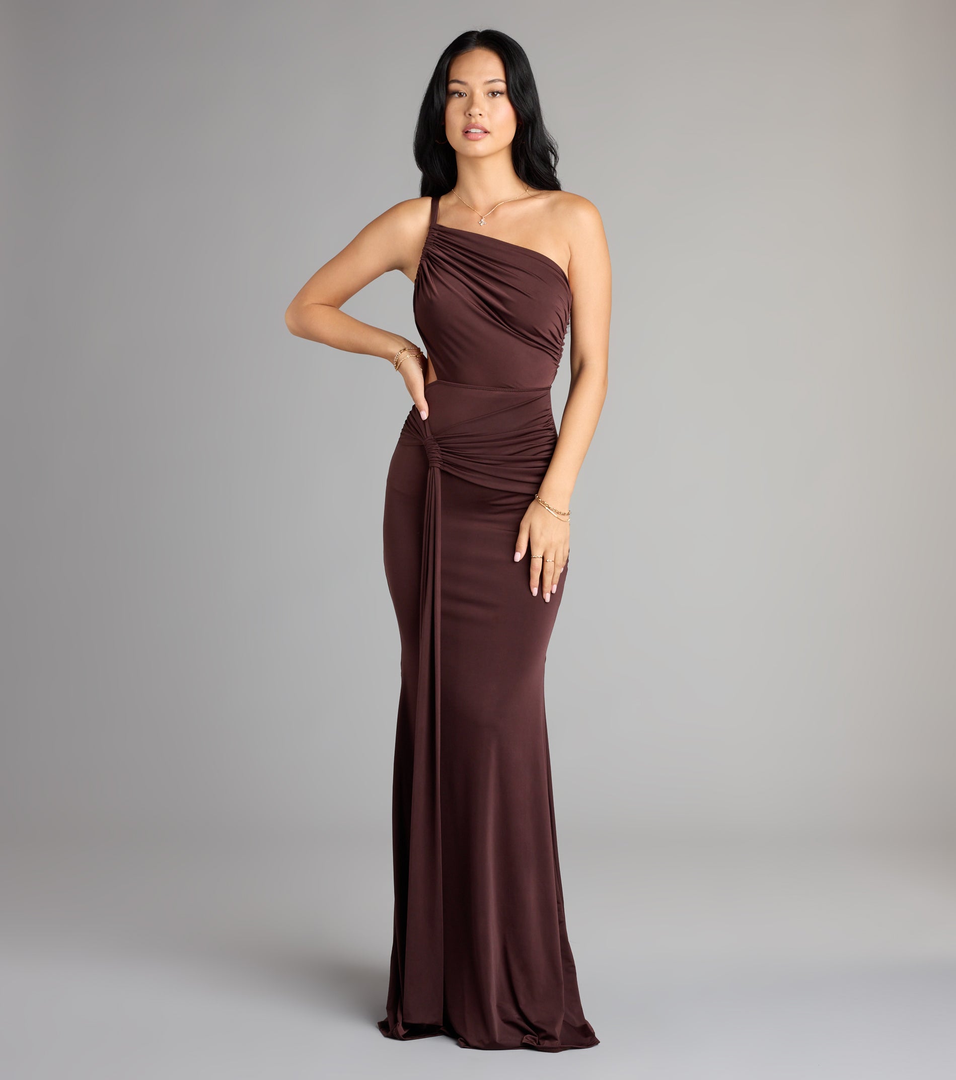 Julietta One Shoulder Mermaid Formal Dress - BROWN