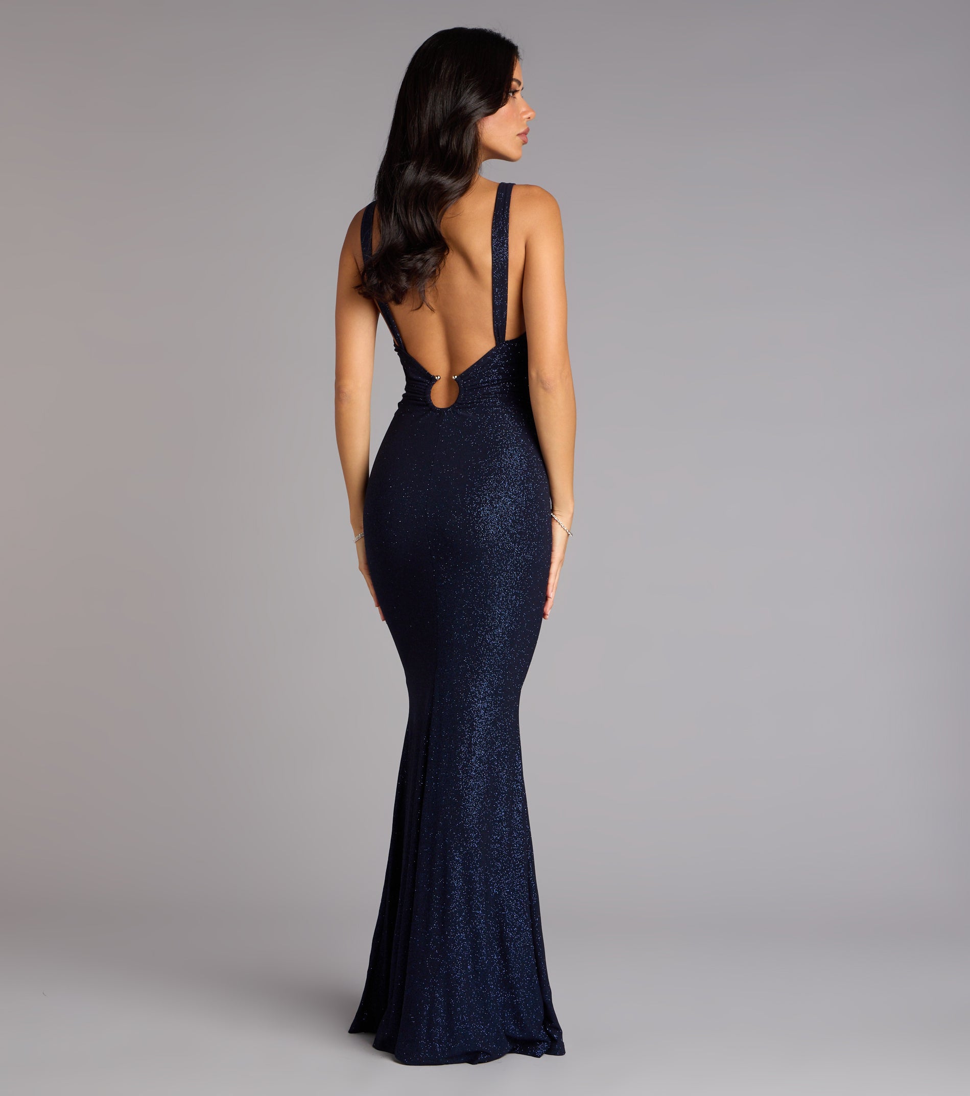 Bailey Glitter Low Back Mermaid Formal Dress - NAVY