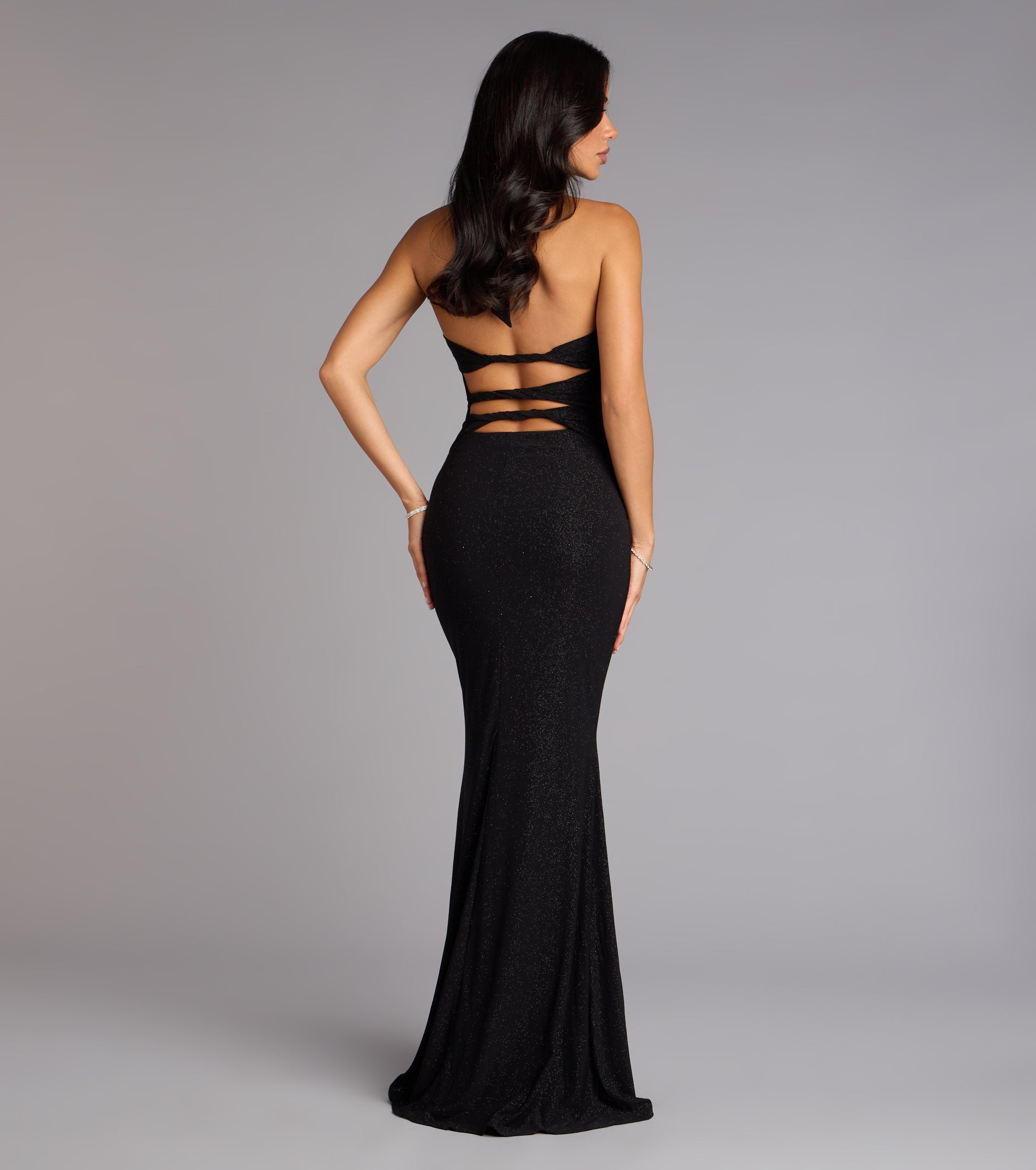 Maribeth Glitter Strappy Back Mermaid Formal Dress - BLACK