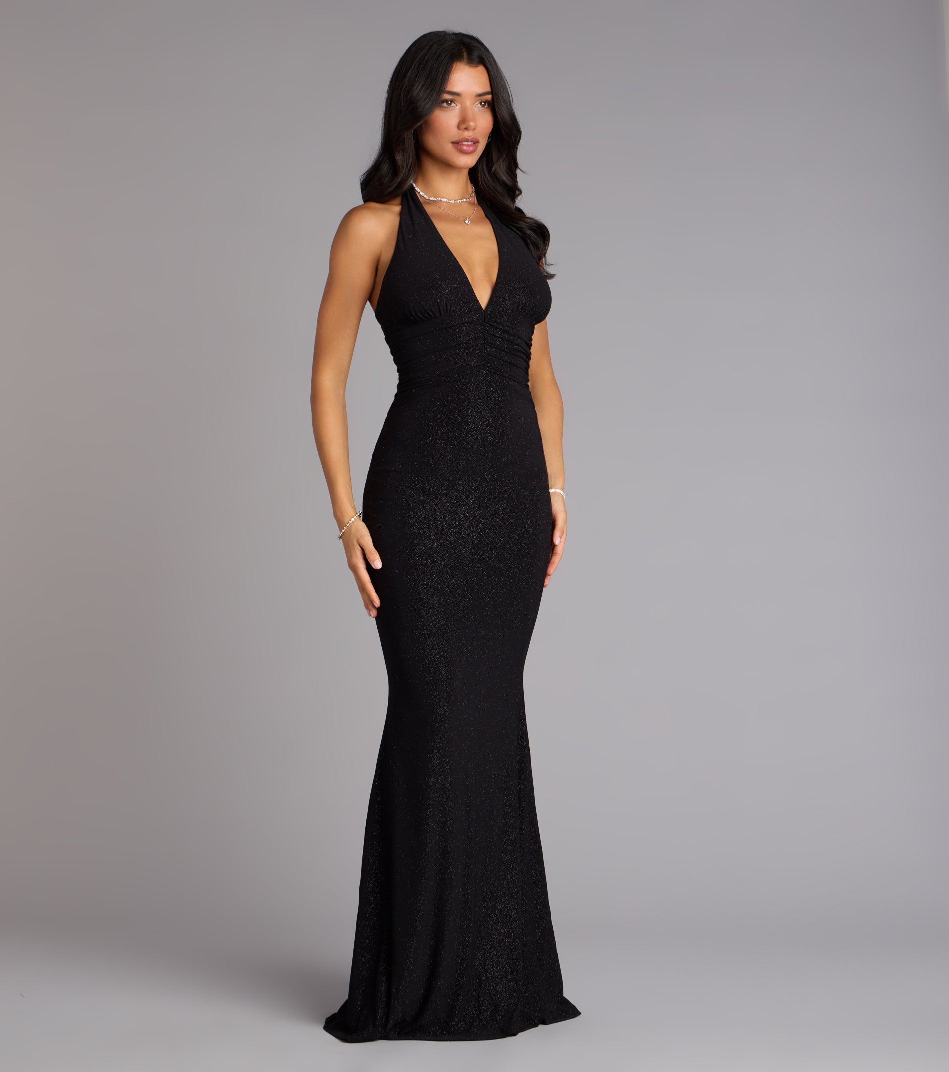 Maribeth Glitter Strappy Back Mermaid Formal Dress - BLACK