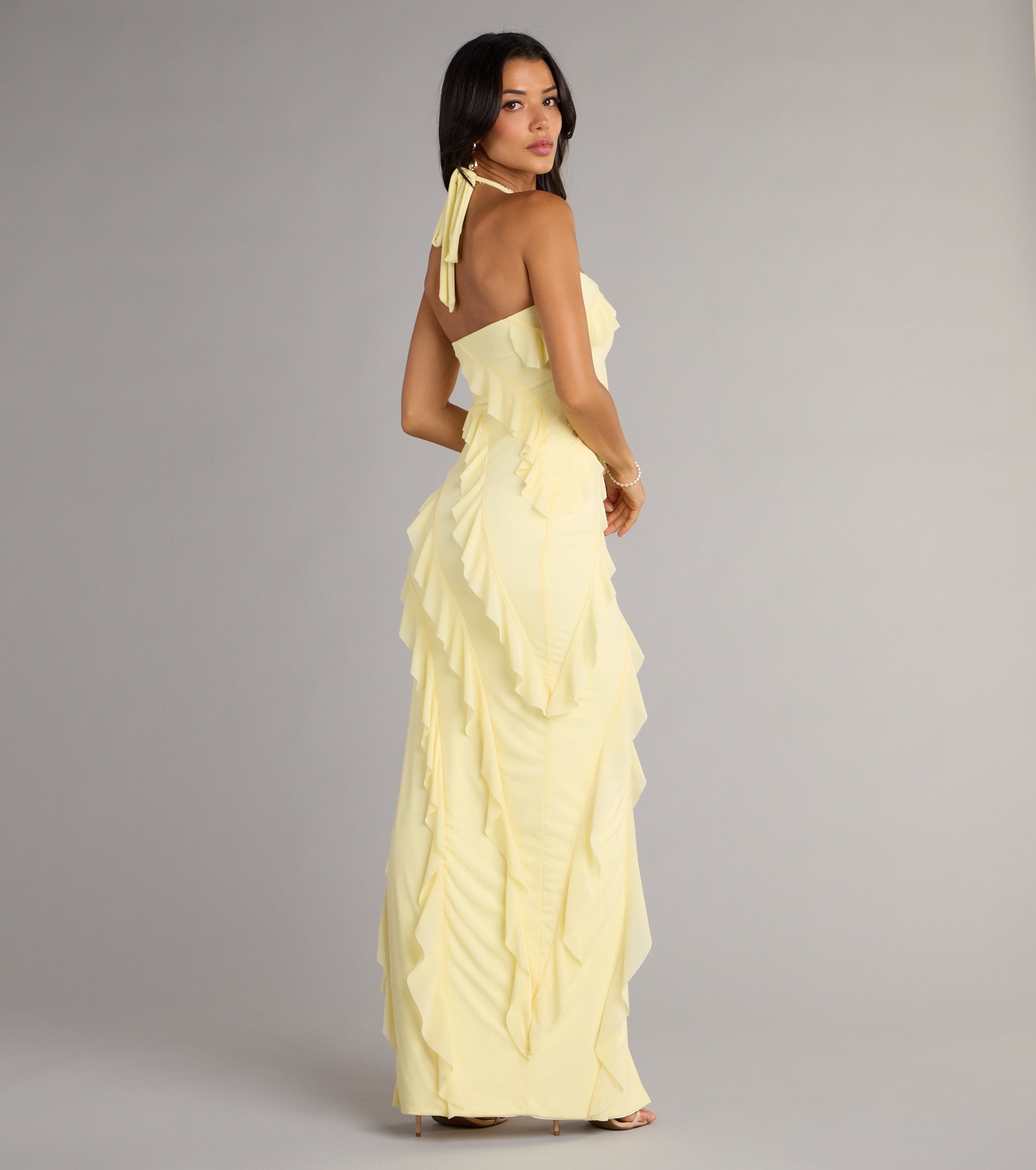 Blake Mesh Halter Slit Ruffle Formal Dress - YELLOW