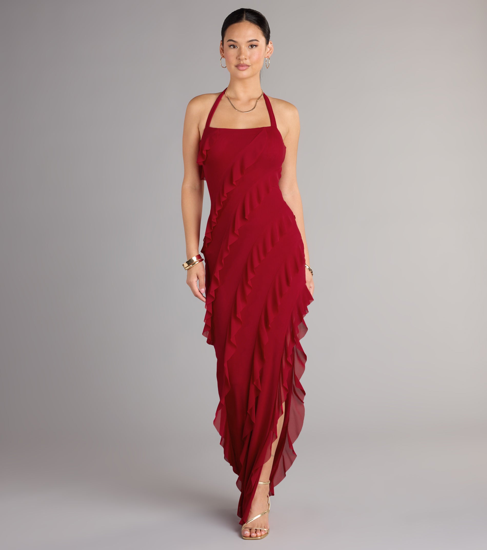 Marley Halter Ruffle Slit Formal Dress - WINE
