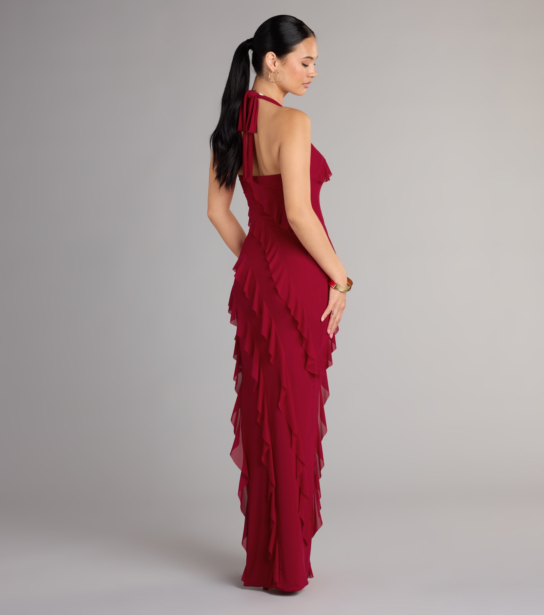 Marley Halter Ruffle Slit Formal Dress - WINE