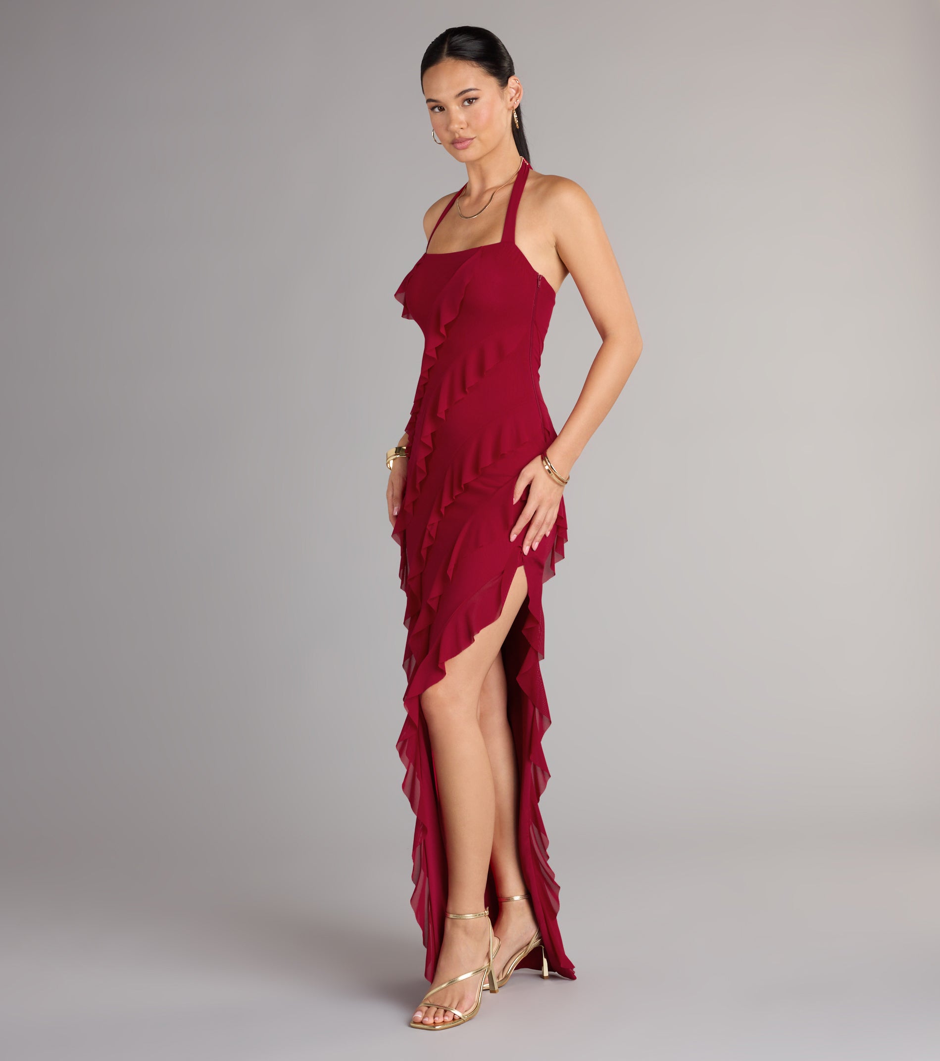 Marley Halter Ruffle Slit Formal Dress - WINE