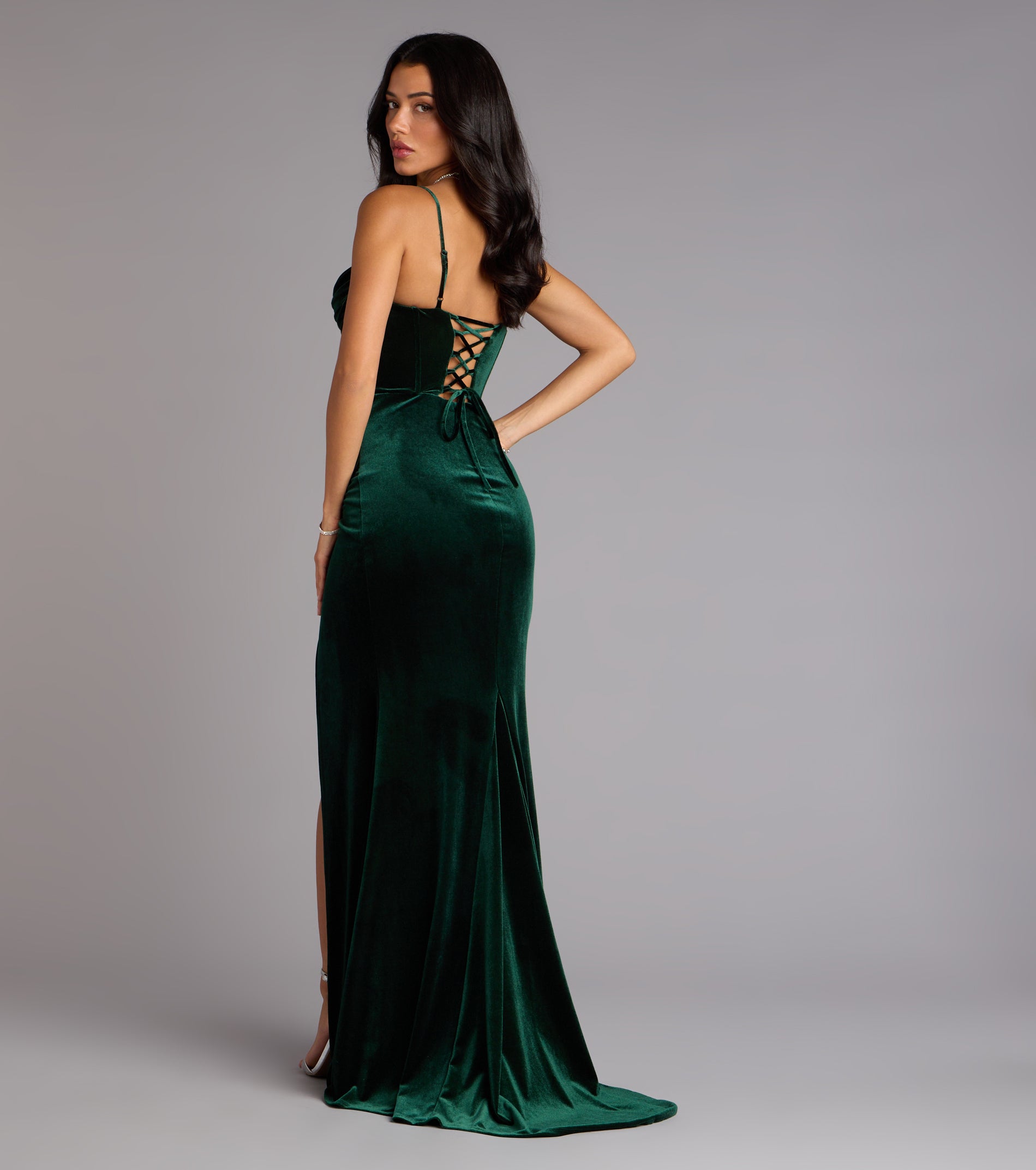 Helga Velvet Lace-Up Slit Mermaid Dress - HUNTER
