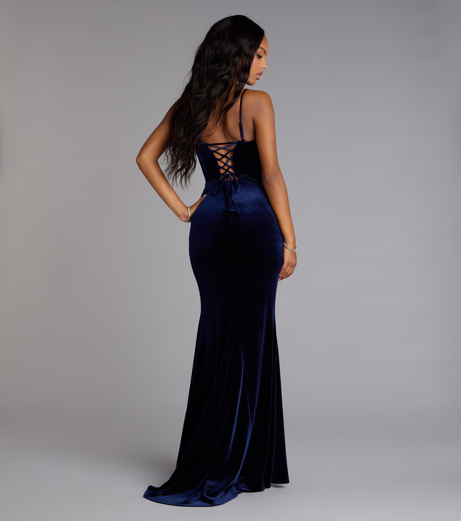 Saylor Velvet Lace-Up Slit Mermaid Formal Dress - NAVY